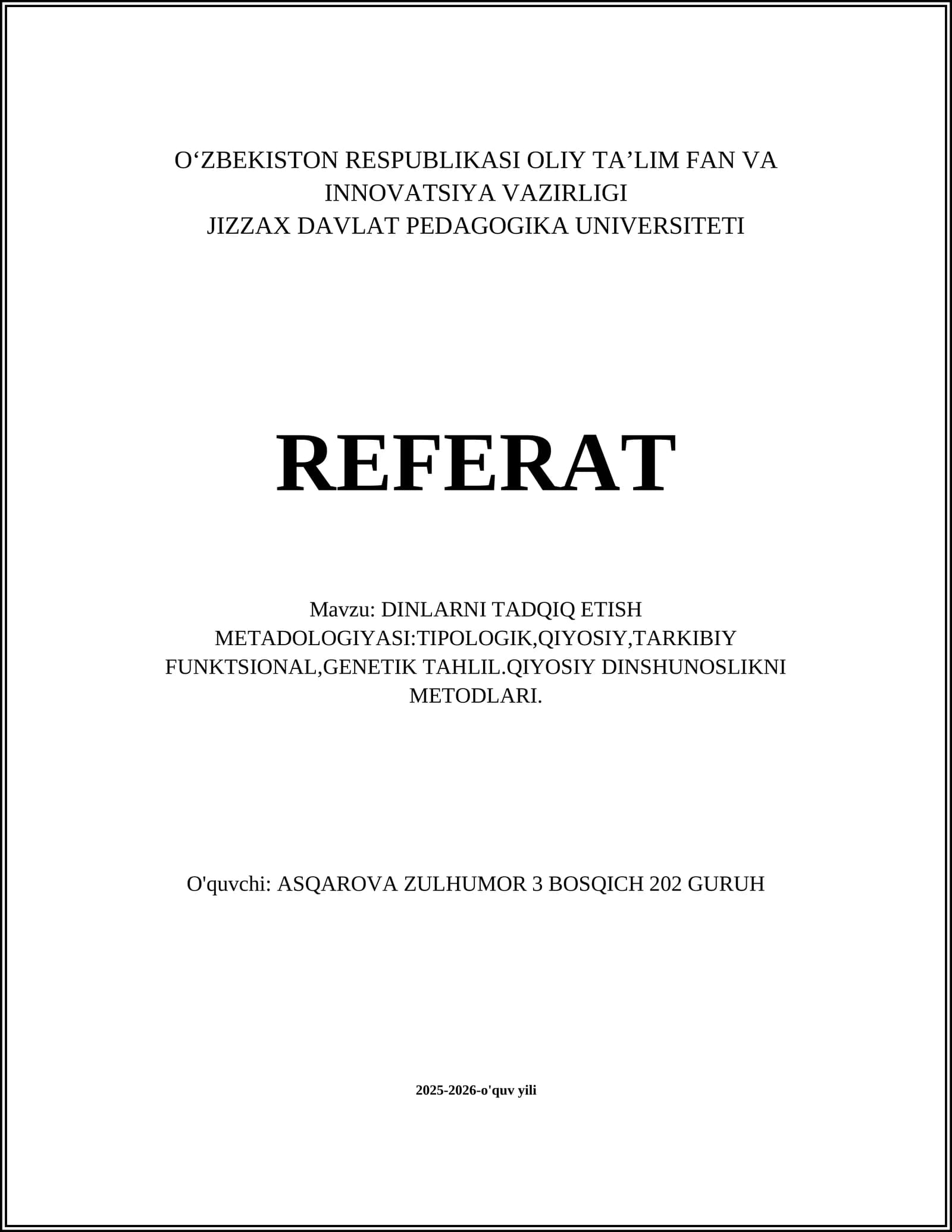 DINLARNI TADQIQ ETISH METADOLOGIYASI