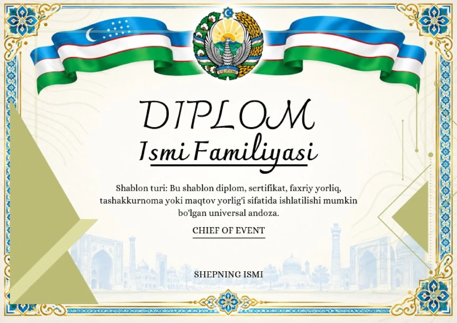 Shablon diplom, sertifikat, faxriy yorliq, tashakkurnoma yoki maqtov yorlig'i