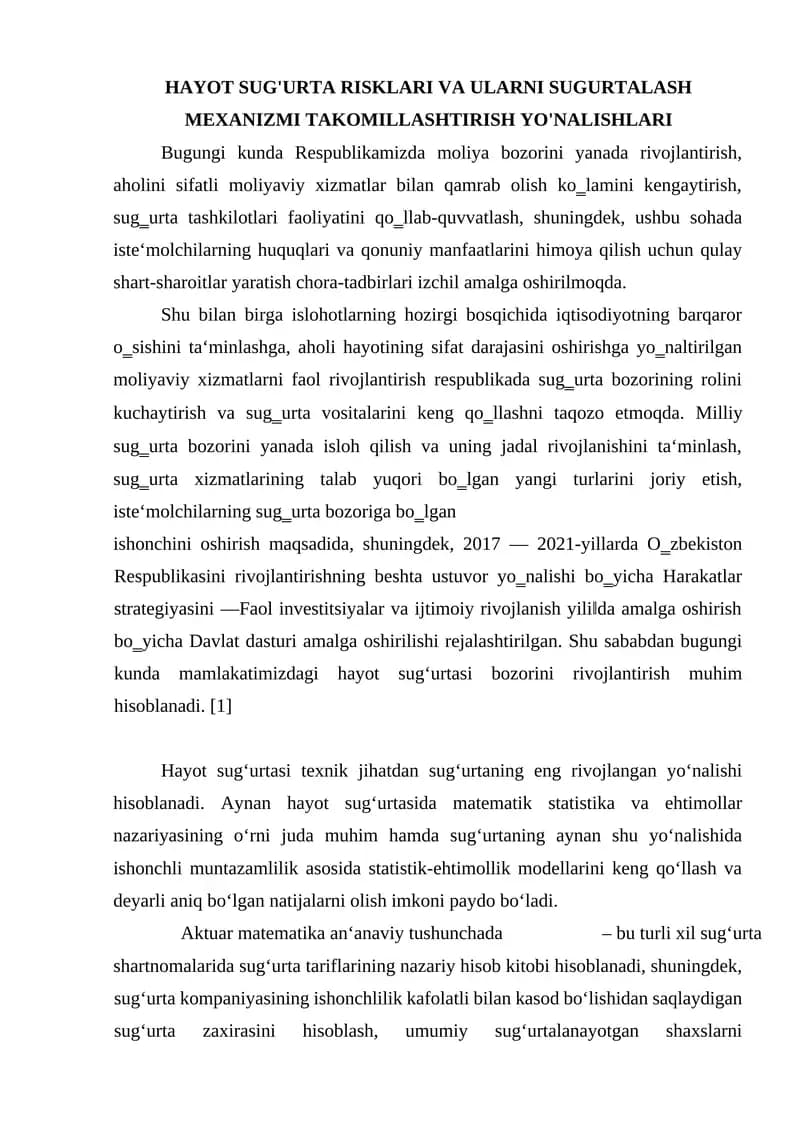HAYOT SUG'URTA RISKLARI VA ULARNI SUGURTALASH MEXANIZMI TAKOMILLASHTIRISH YO'NALISHLARI