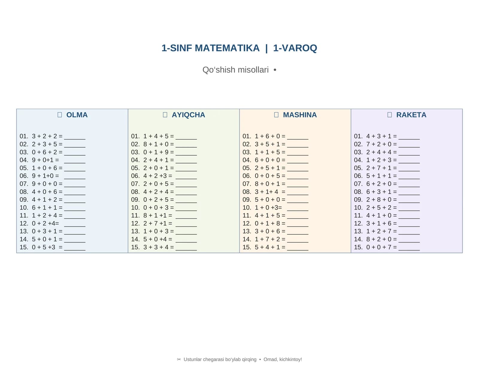 1-SINF MATEMATIKA | 20 ta variant qo'shish amallari
