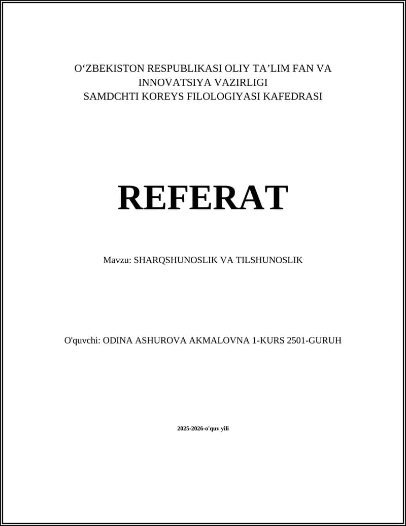 Sharqshunoslik va Tilshunoslik Referat