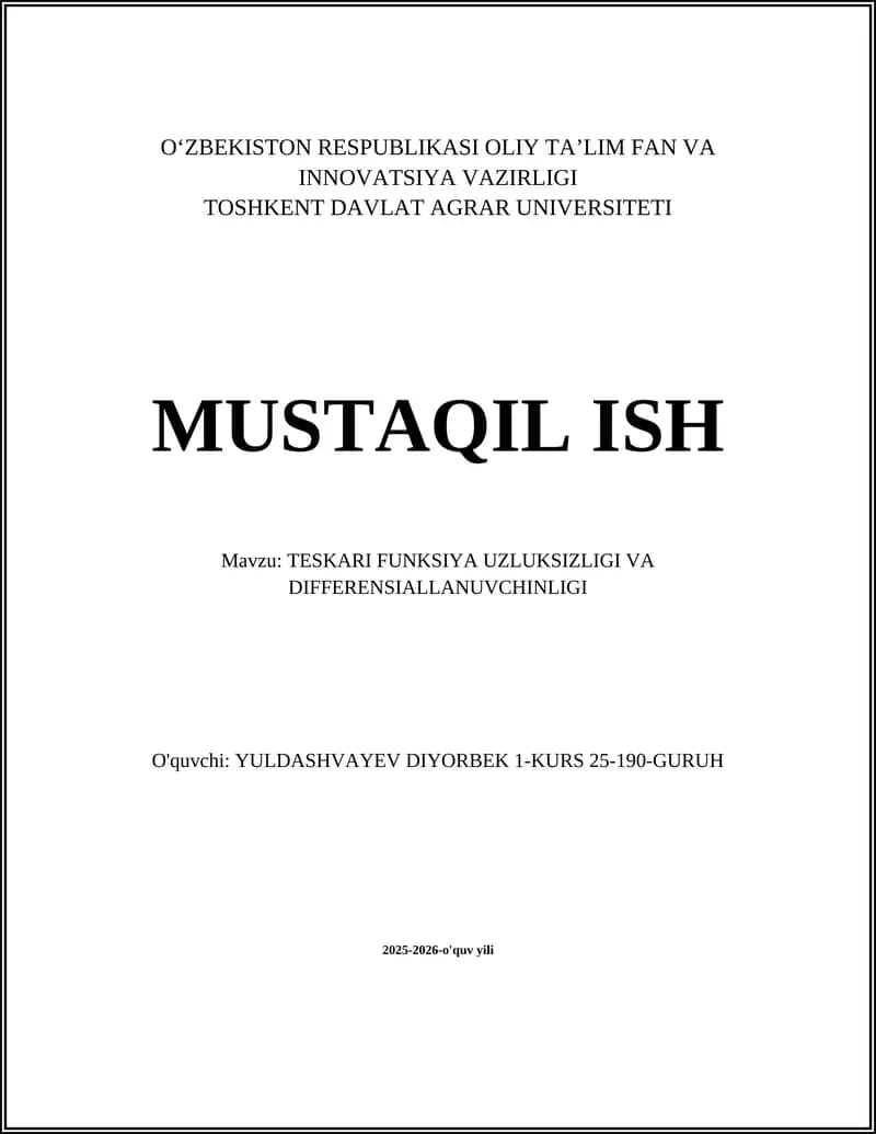 TESKARI FUNKSIYA UZLUKSIZLIGI VA DIFFERENSIALLANUVCHINLIGI