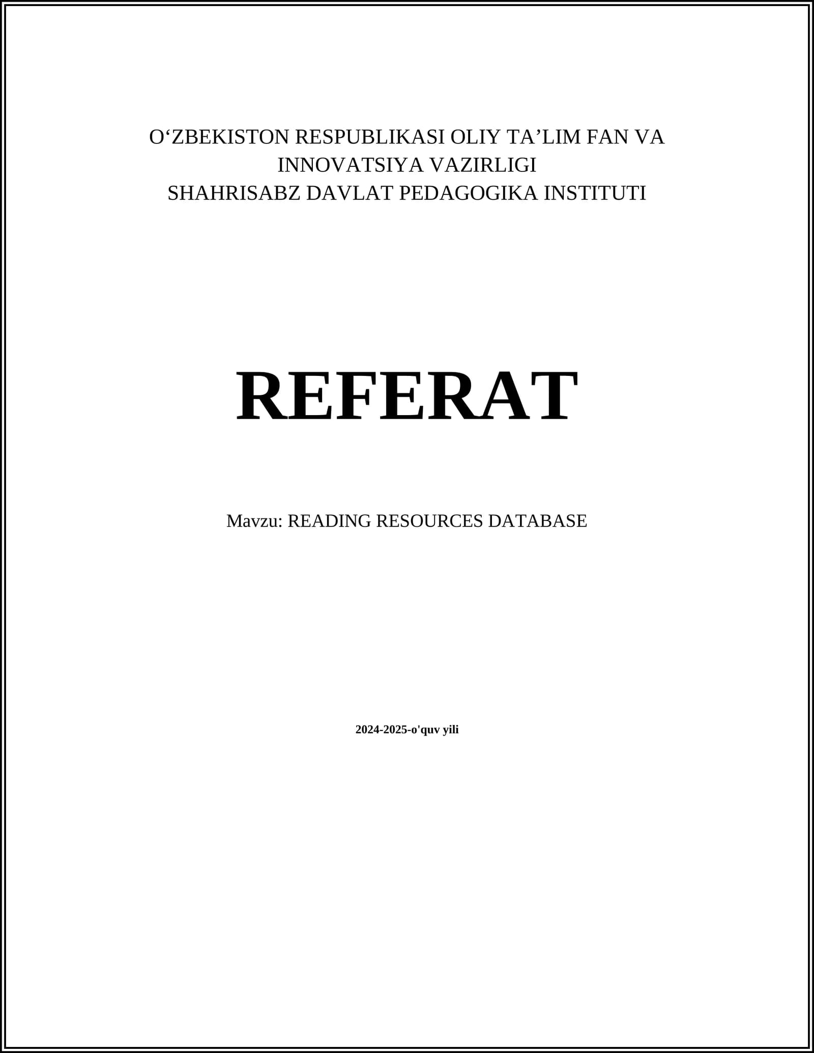 READING RESOURCES DATABASE