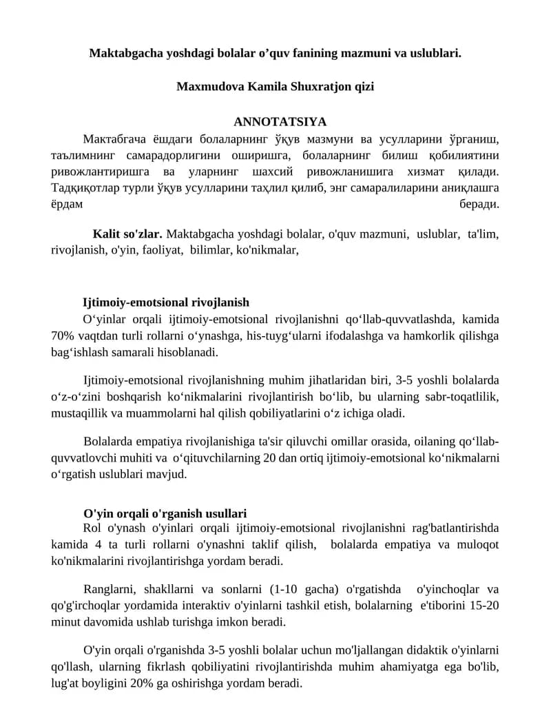 Maktabgacha yoshdagi bolalar o’quv fanining mazmuni va uslublari.