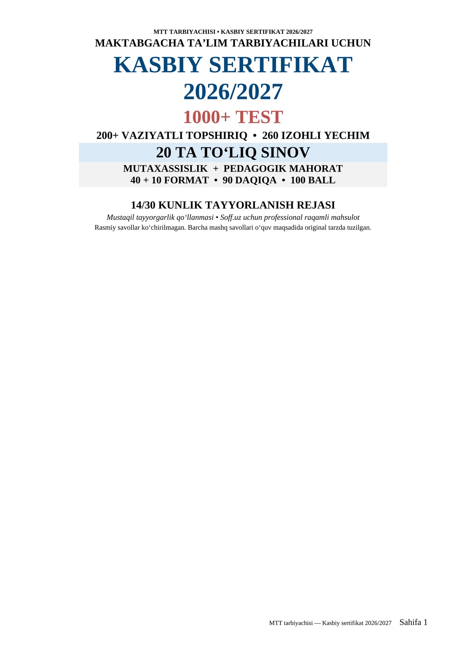 Maktabgacha ta’lim tarbiyachisi Kasbiy sertifikat 2026/2027 | 1000+ test + 200+ vaziyatli topshiriq