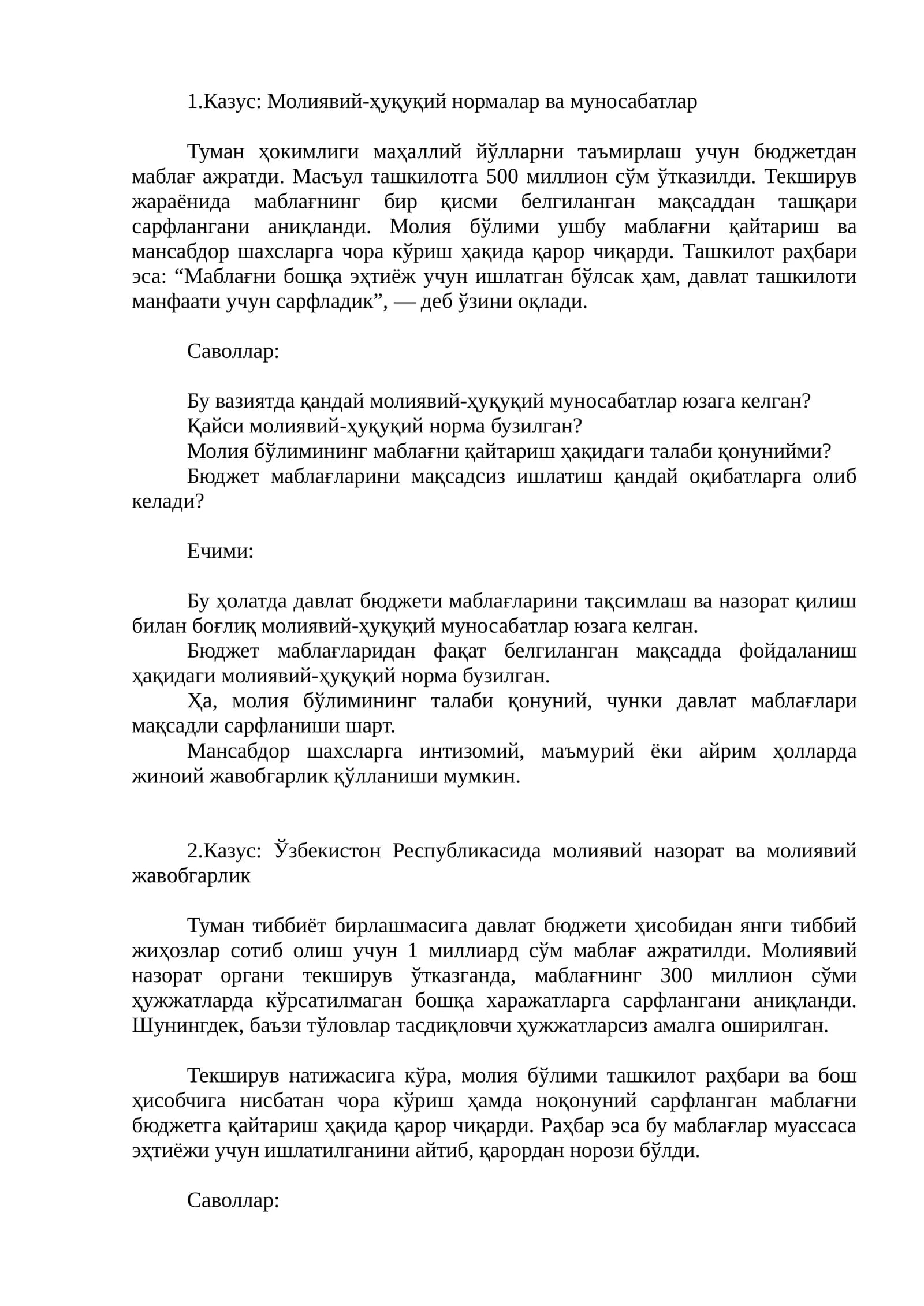 Moliyaviy huquqiy normalar va munosabatlar kazus