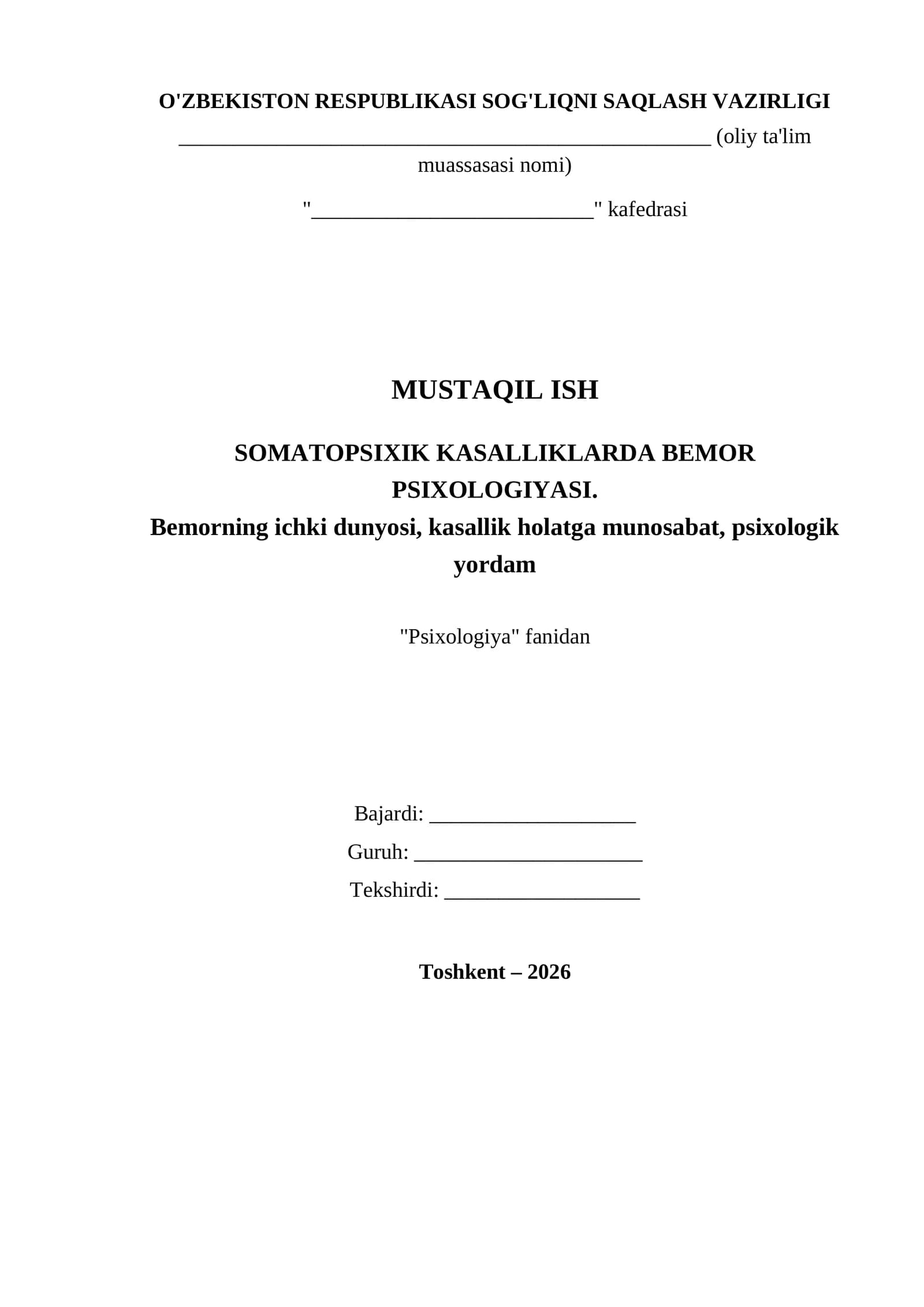 SOMATOPSIXIK KASALLIKLARDA BEMOR PSIXOLOGIYASI