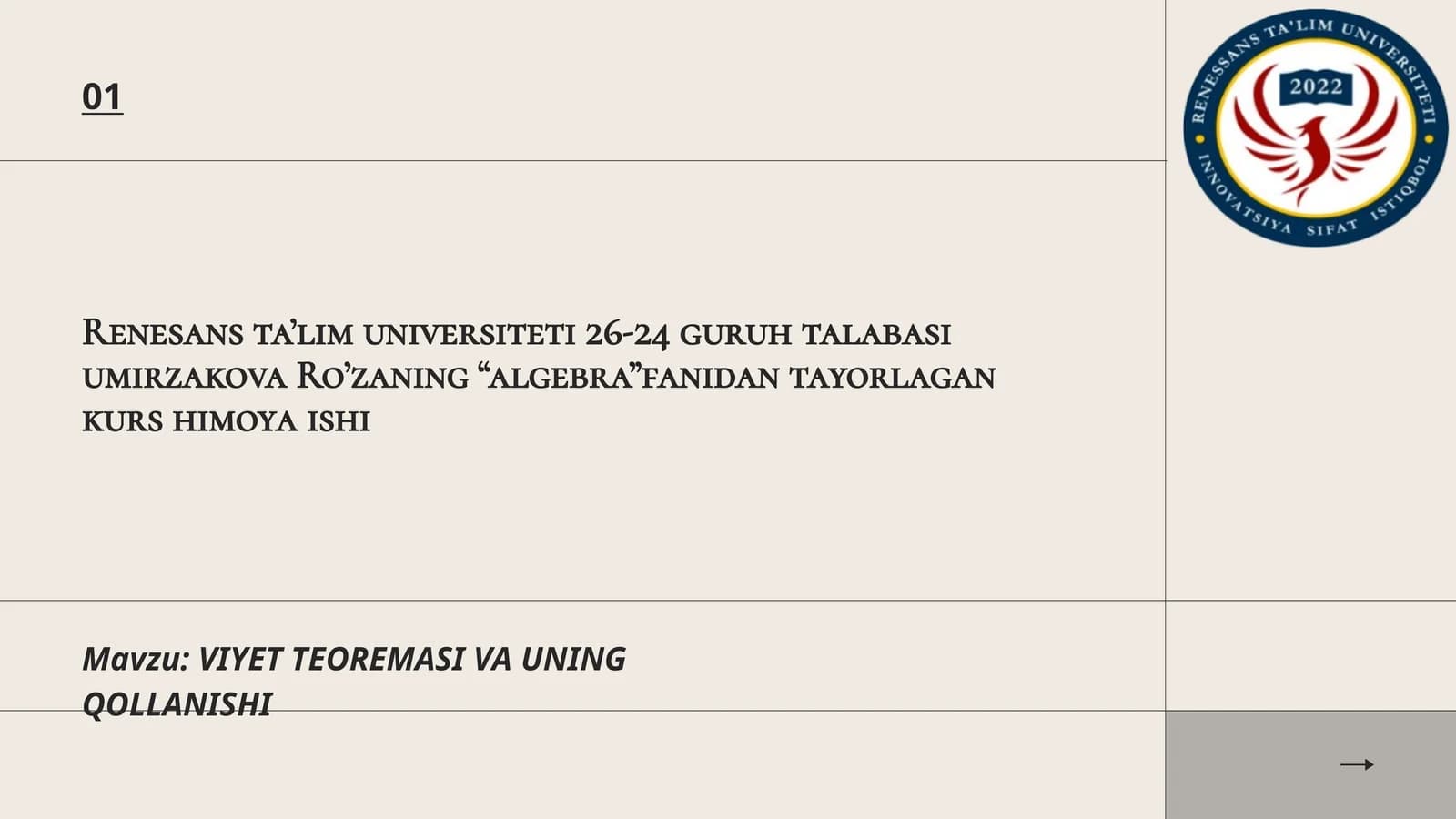 VIYET TEOREMASI VA UNING QOLLANISHI