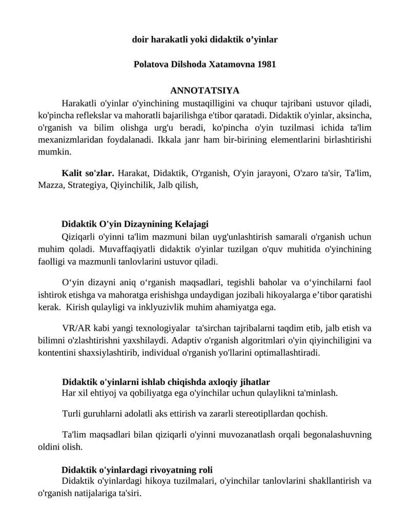 Harakatli yoki didaktik o'yinlar