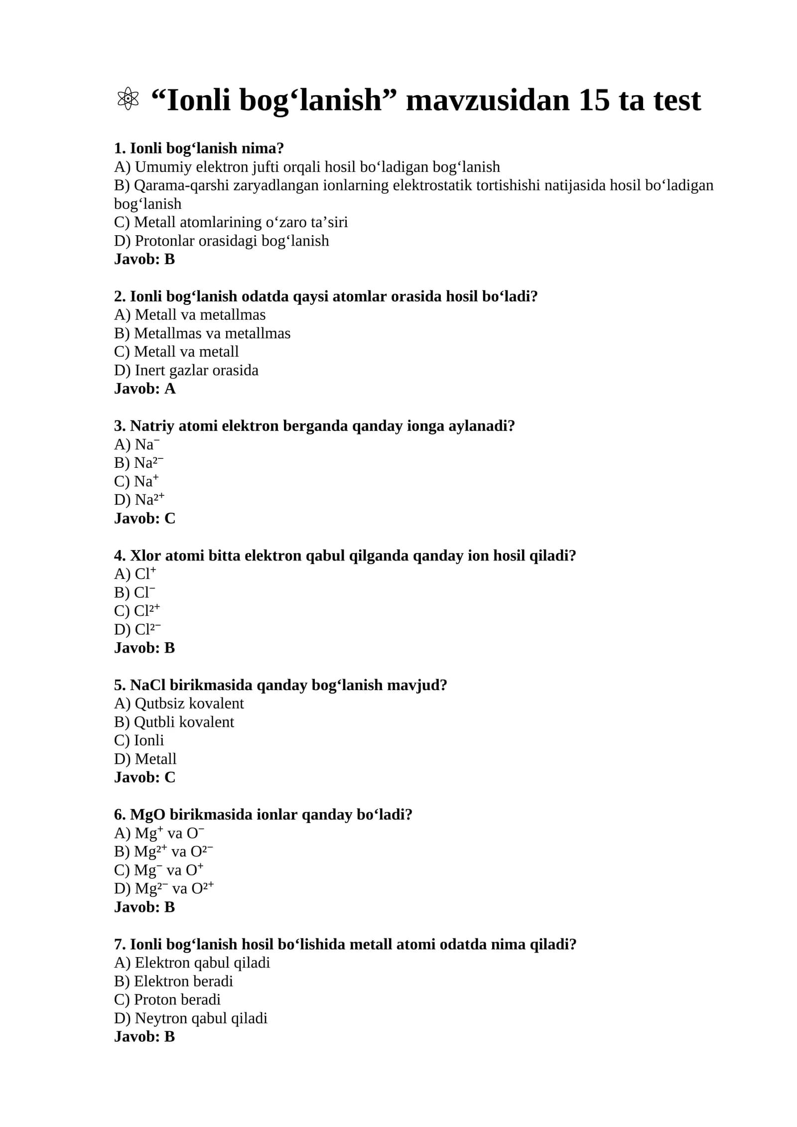 Ionli bog‘lanish test