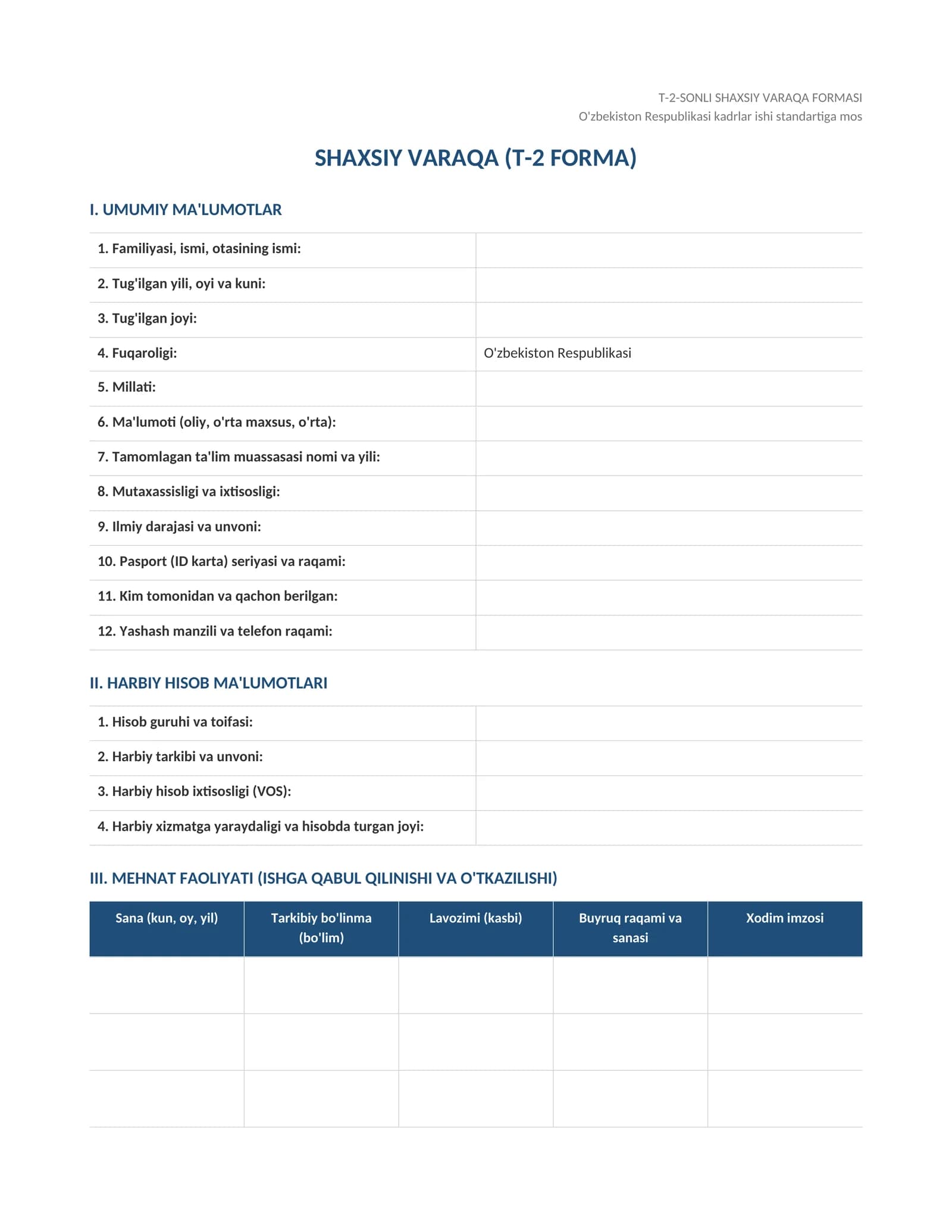 T2 forma shaxsiy varaqa kartasi namuna blankasi (Word)