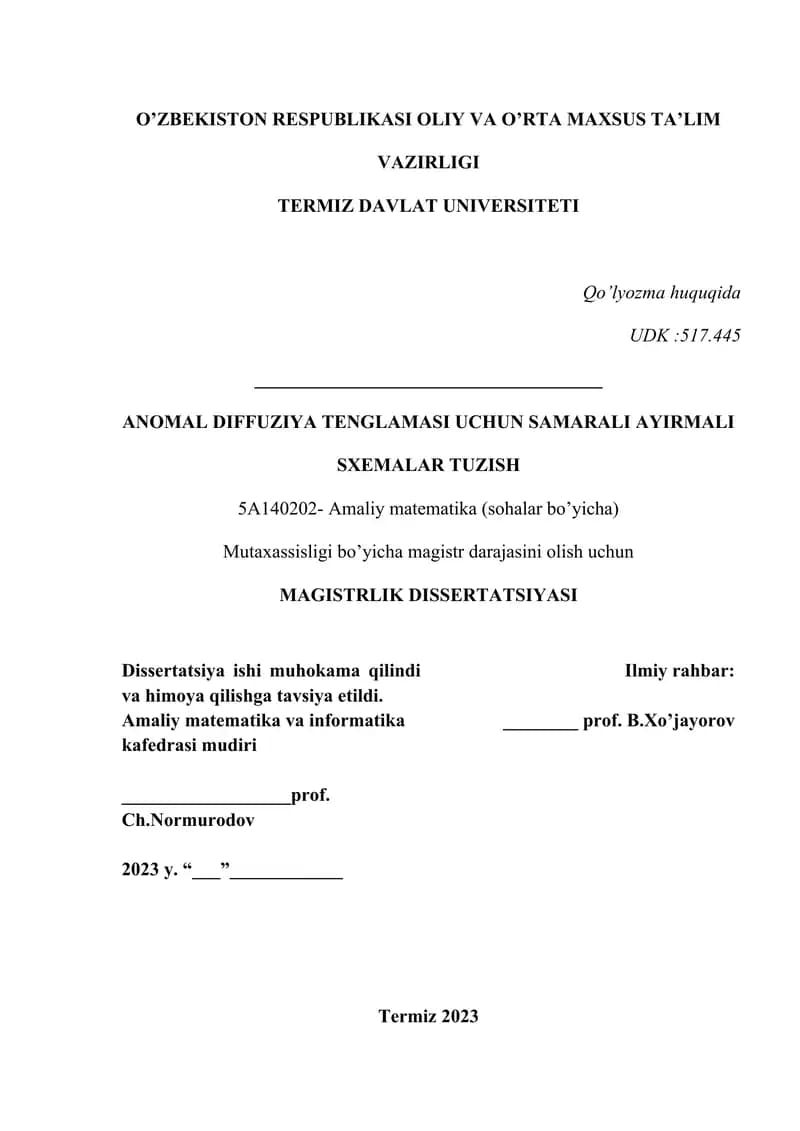 АNОMАL DIFFUZIYA TENGLAMASI UCHUN SAMARALI AYIRMALI SXEMALAR TUZISH