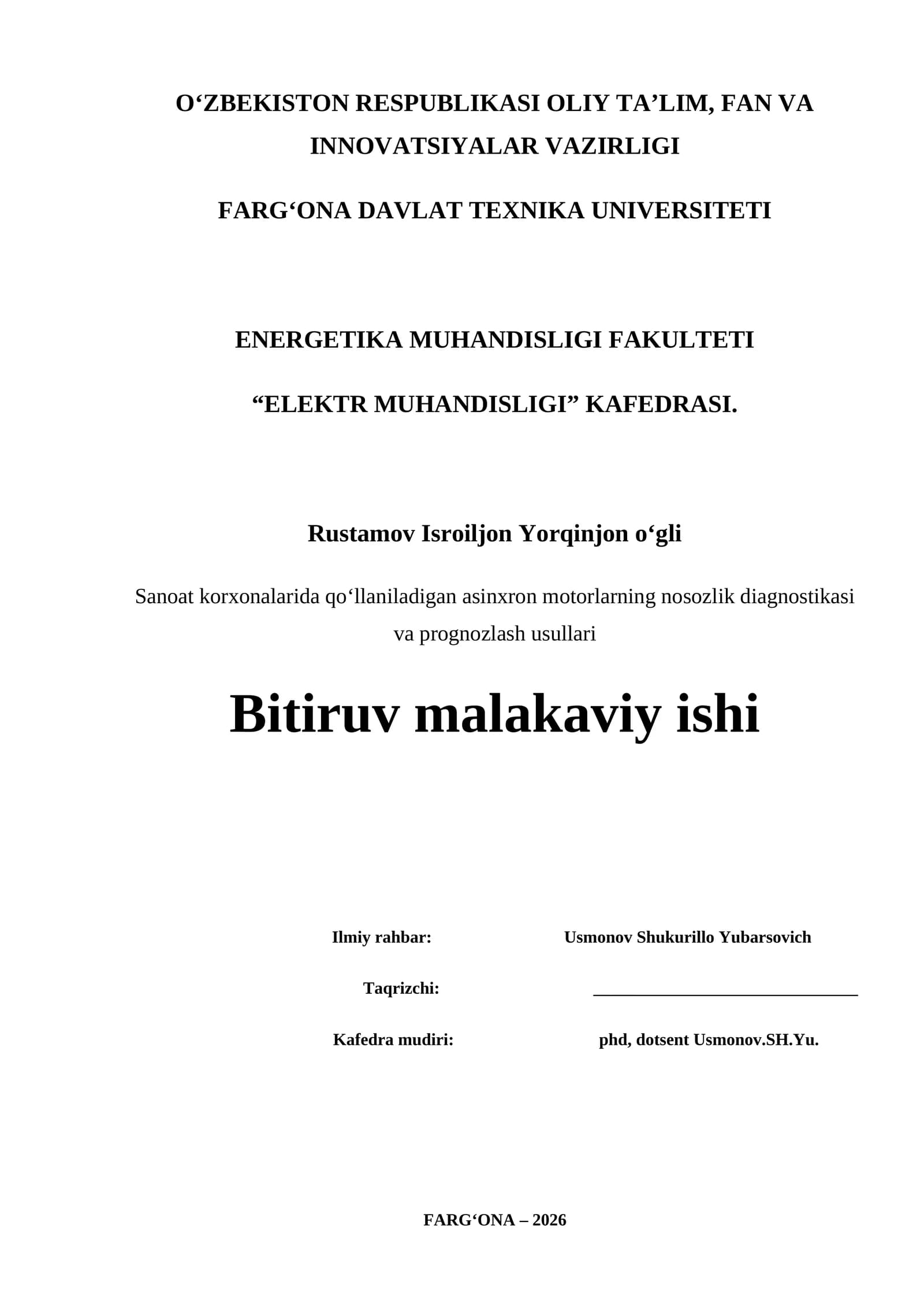 Asinxron motorlarning nosozlik diagnostikasi va prognozlash usullari