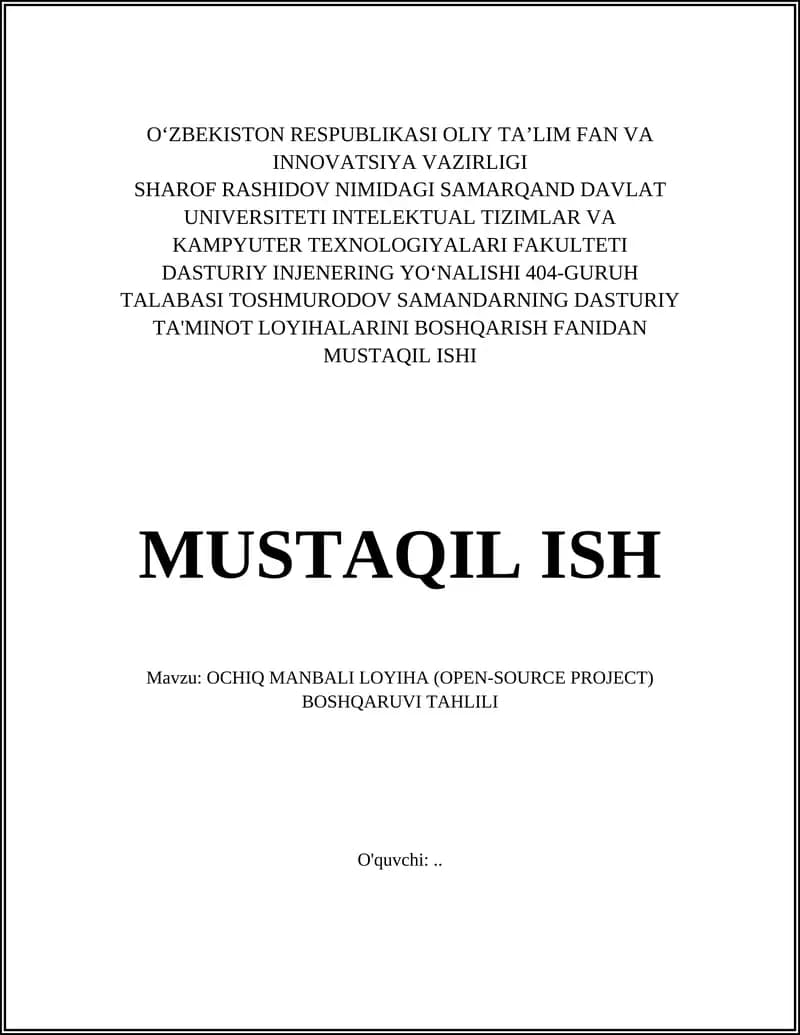 OCHIQ MANBALI LOYIHA (OPEN-SOURCE PROJECT) BOSHQARUVI TAHLILI