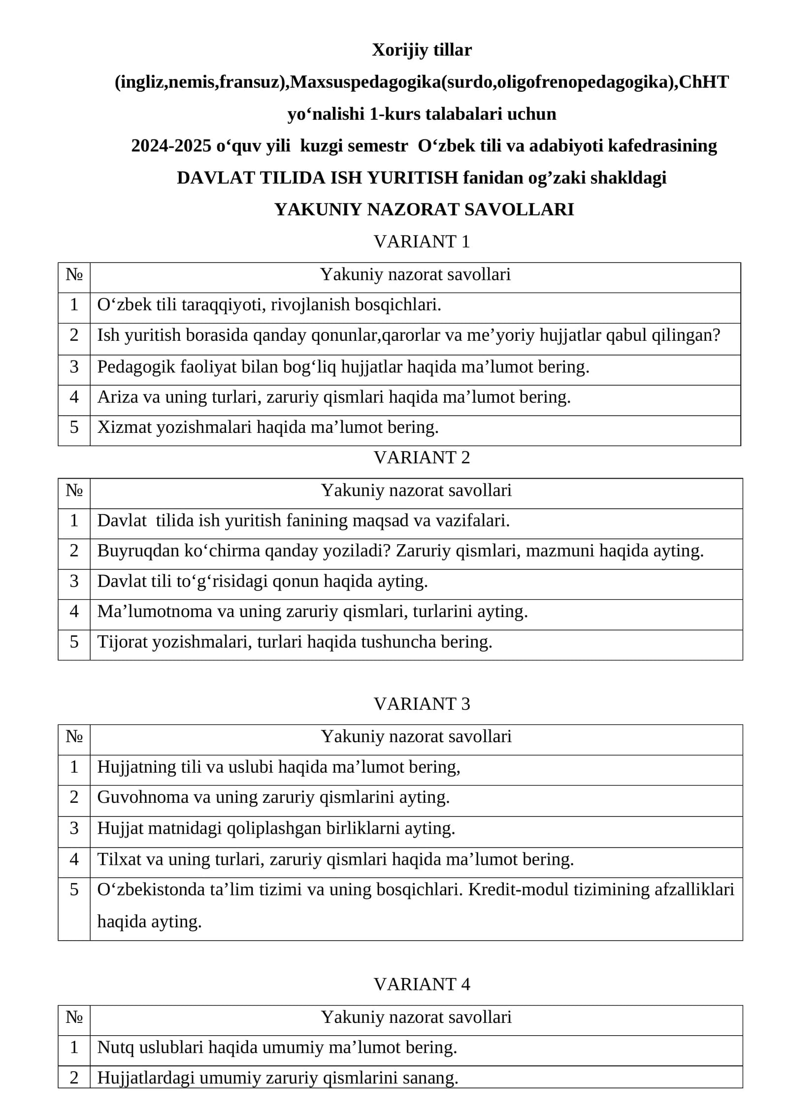 DAVLAT TILIDA ISH YURITISH fanidan og’zaki shakldagi YAKUNIY NAZORAT SAVOLLARI