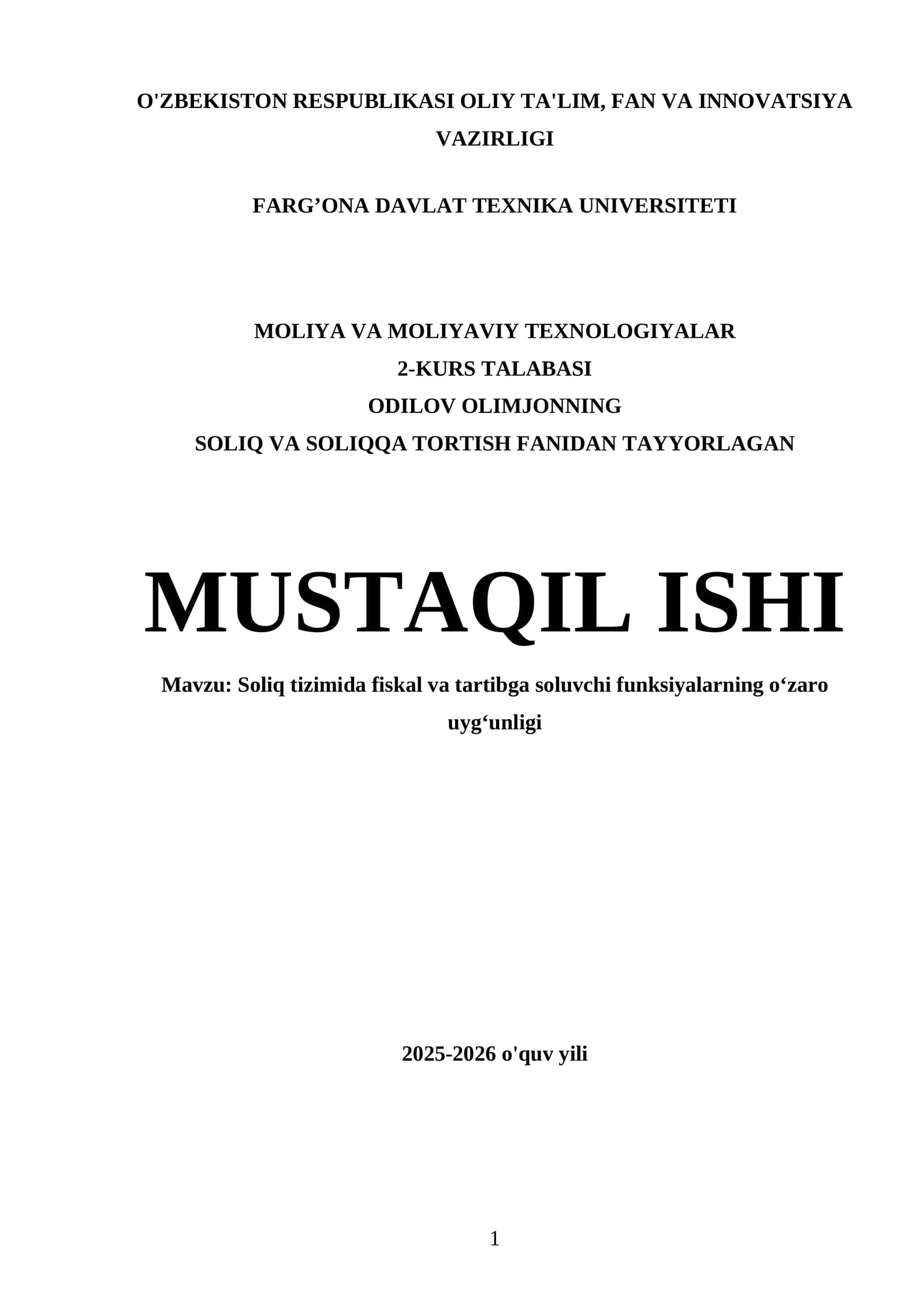 Soliq tizimida fiskal va tartibga soluvchi funksiyalarning o‘zaro uyg‘unligi