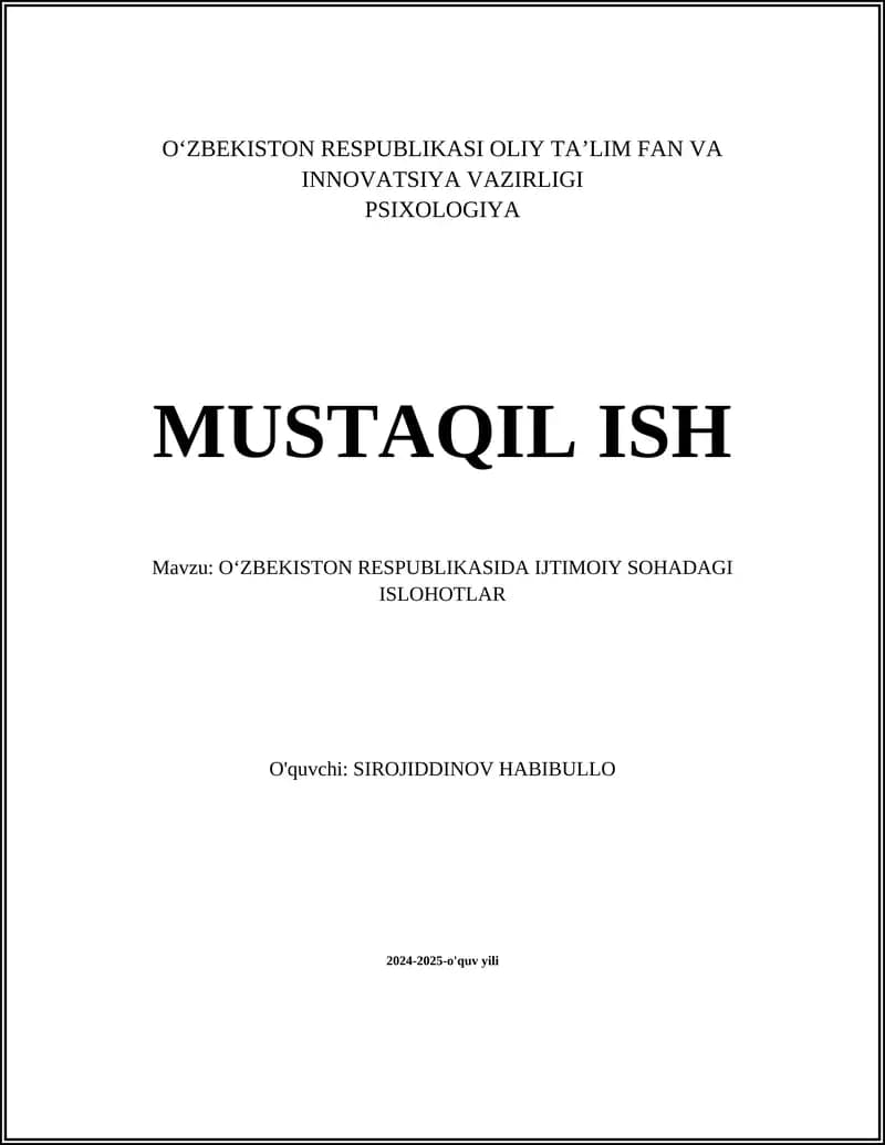 O'ZBEKISTON RESPUBLIKASIDA IJTIMOIY SOHADAGI ISLOHOTLAR