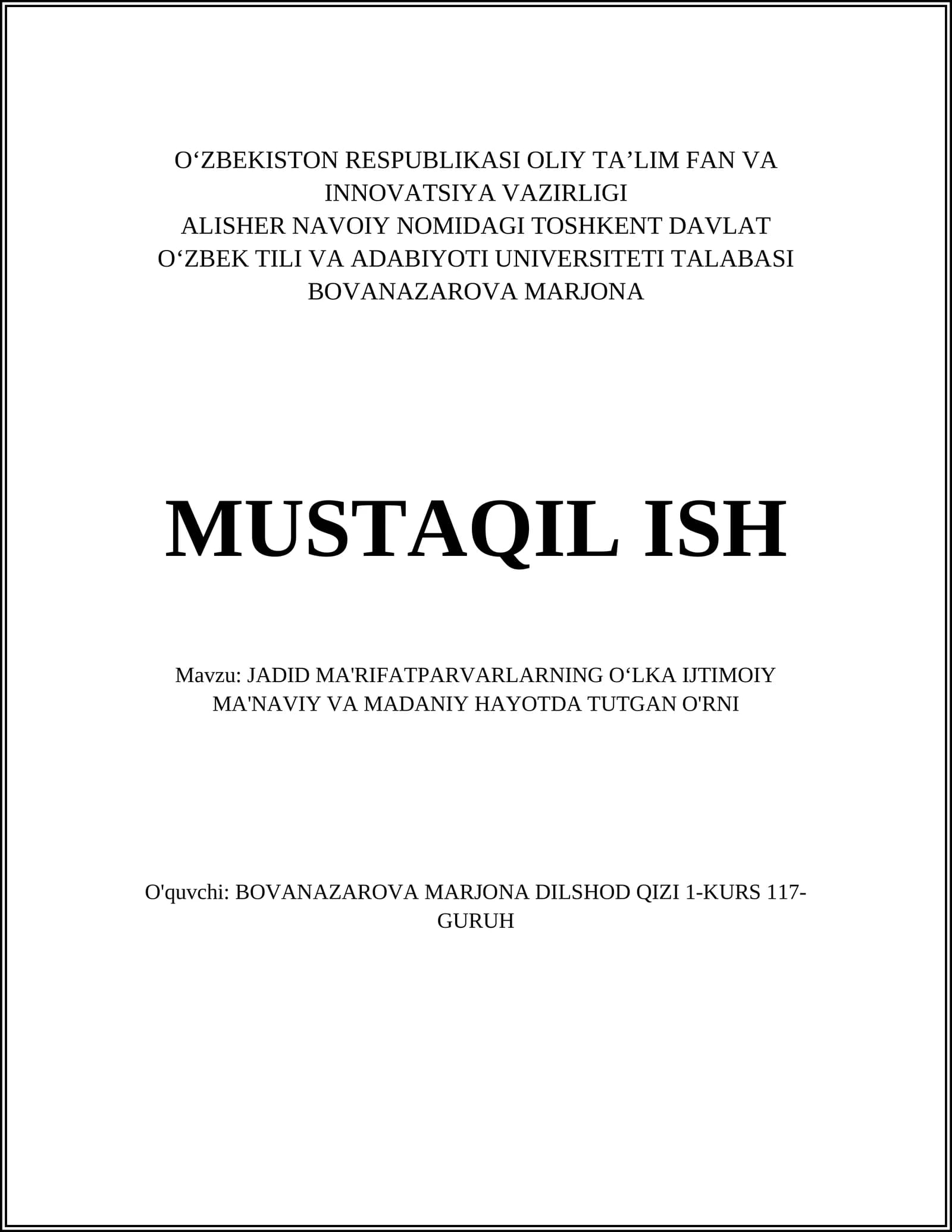 JADID MA'RIFATPARVARLARNING OʻLKA IJTIMOIY MA'NAVIY VA MADANIY HAYOTDA TUTGAN O'RNI