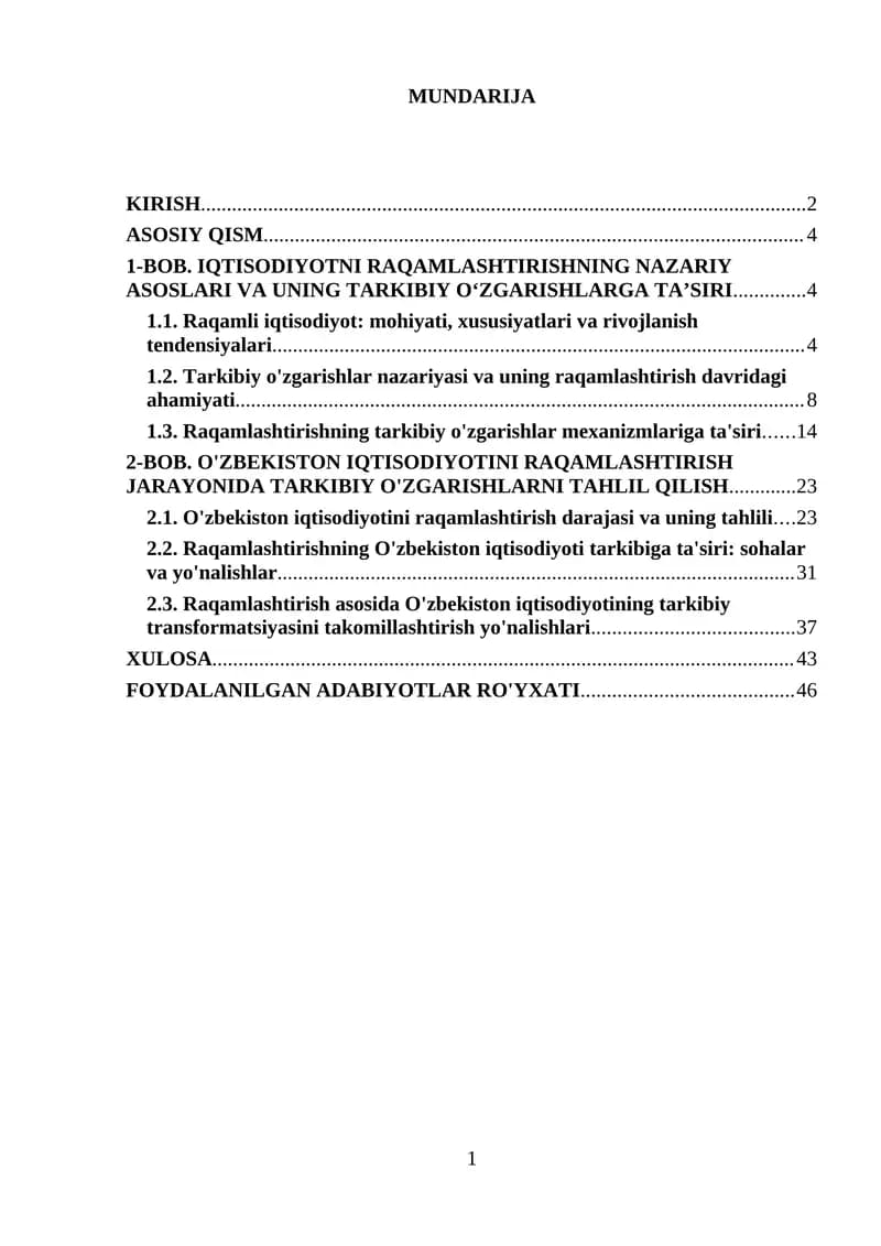 Iqtisodiyotni raqamlashtirishda tarkibiy o`zgarishlarning o`rni