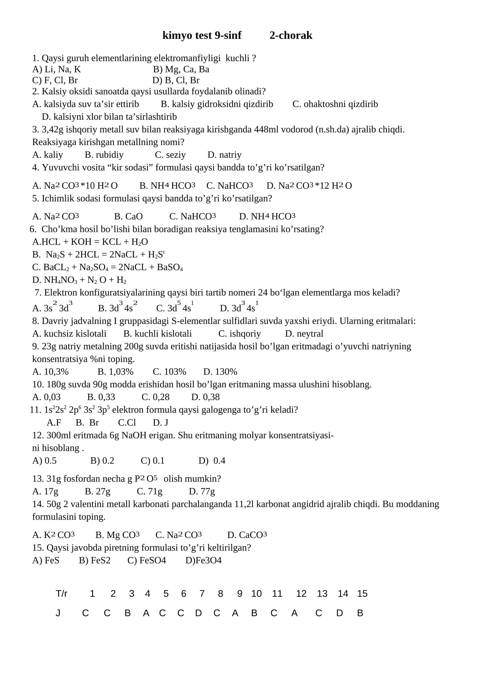 kimyo test 9-sinf 2-chorak