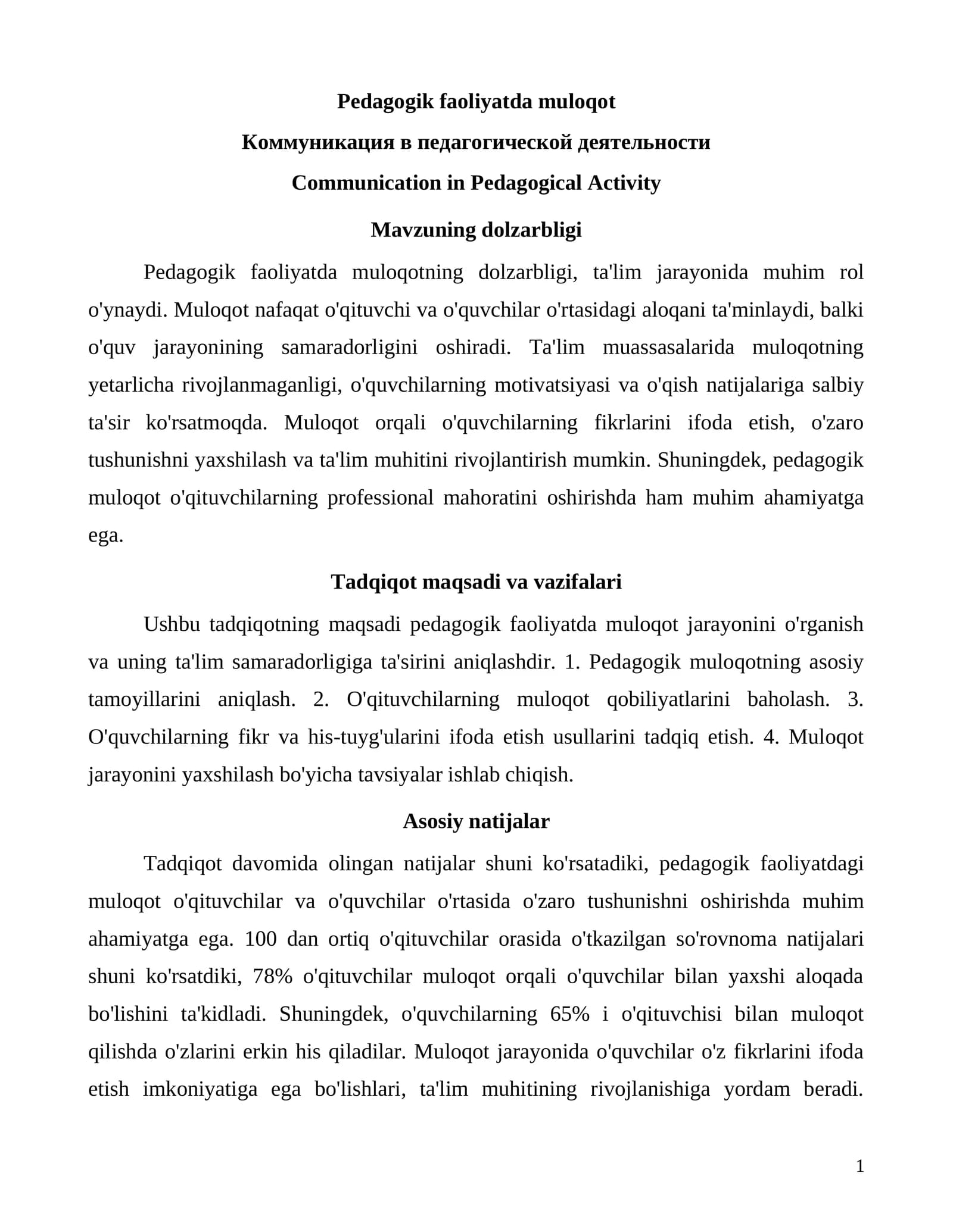 Pedagogik faoliyatda muloqot