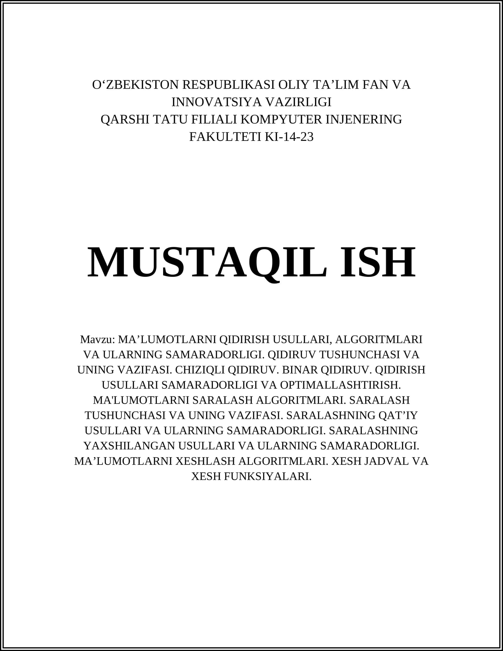 MA’LUMOTLARNI QIDIRISH USULLARI, ALGORITMLARI VA ULARNING SAMARADORLIGI