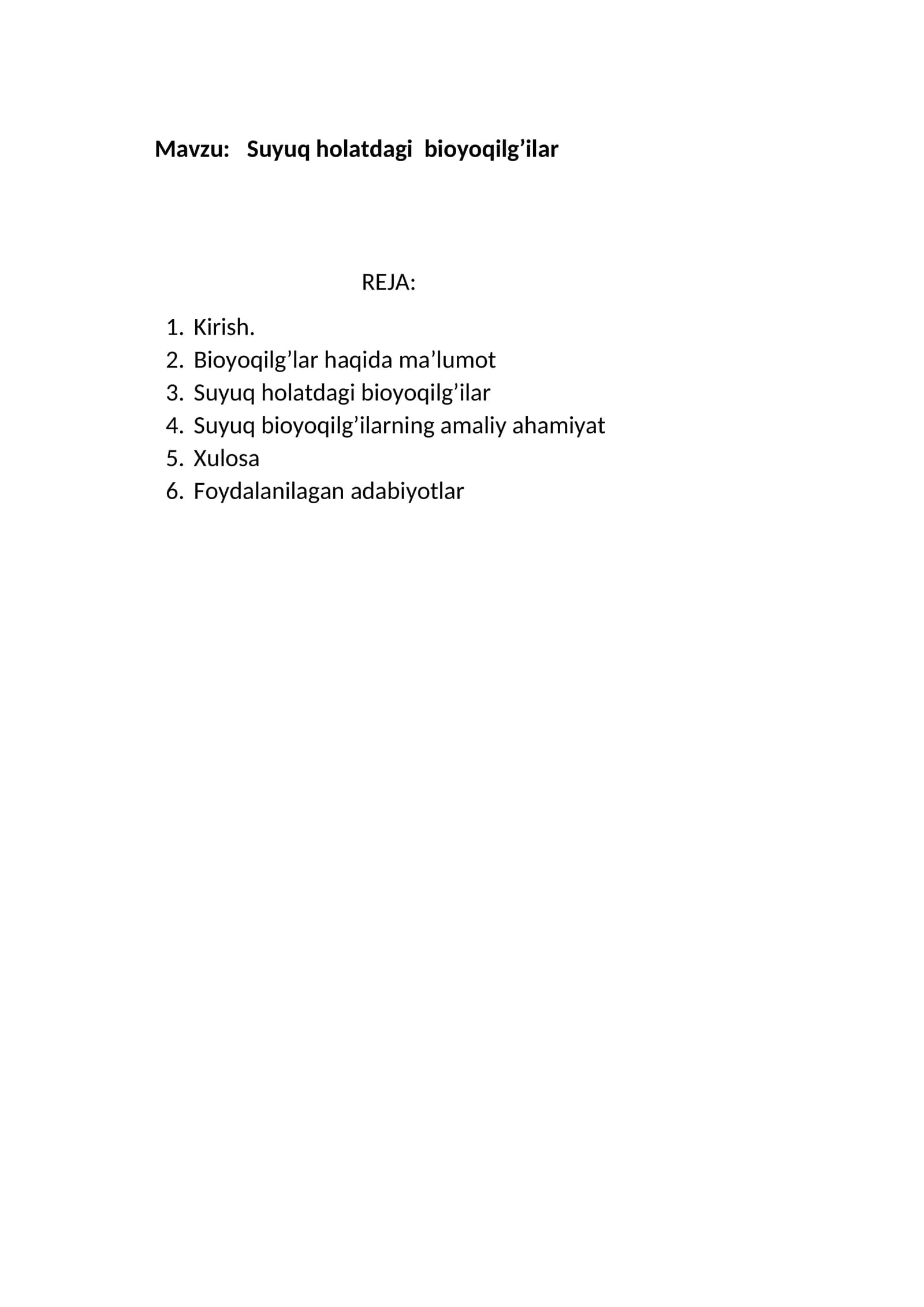 Suyuq holatdagi  bioyoqilg’ilar mavzusida tayyor kurs ish.