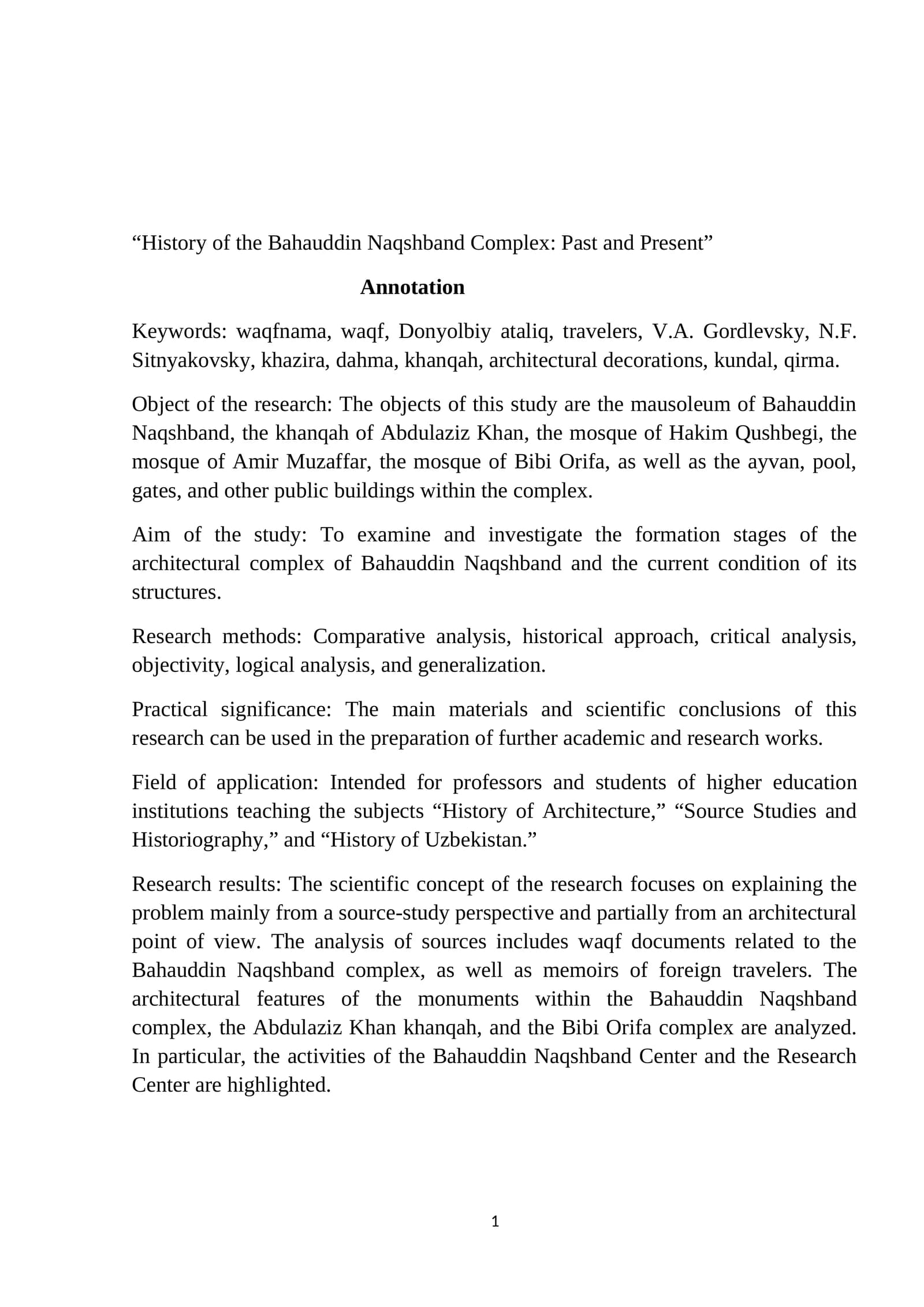 History of the Bahauddin Naqshband Complex: Past and Present