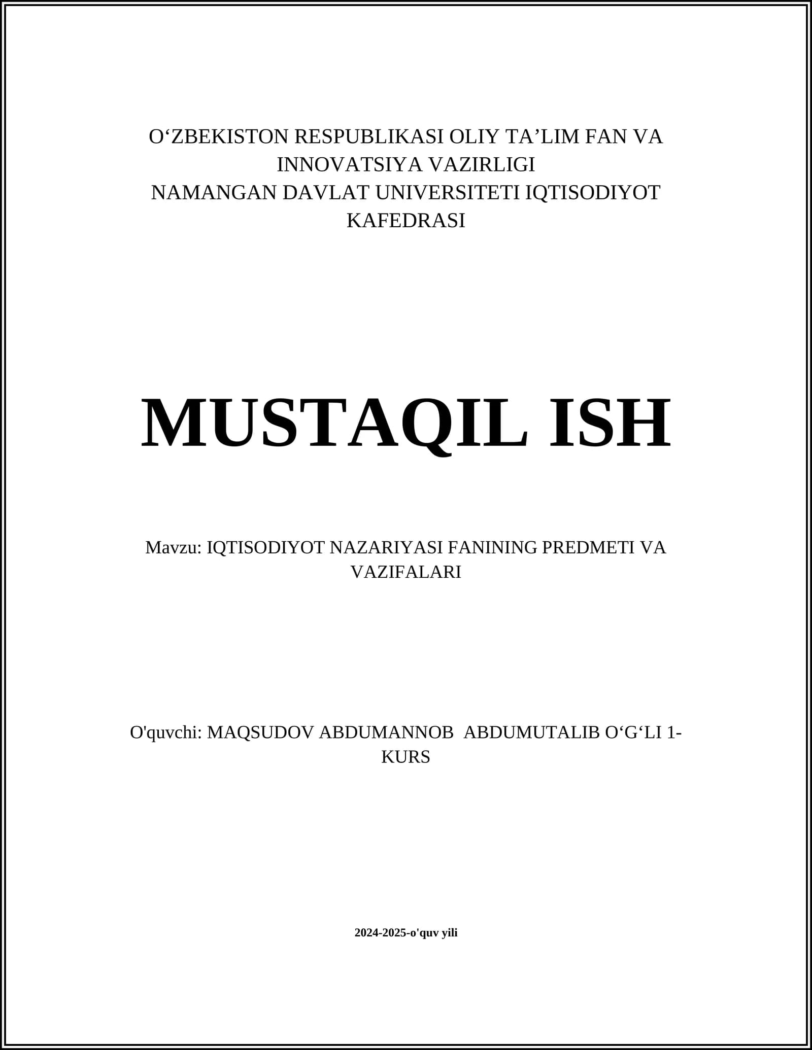 IQTISODIYOT NAZARIYASI FANINING PREDMETI VA VAZIFALARI