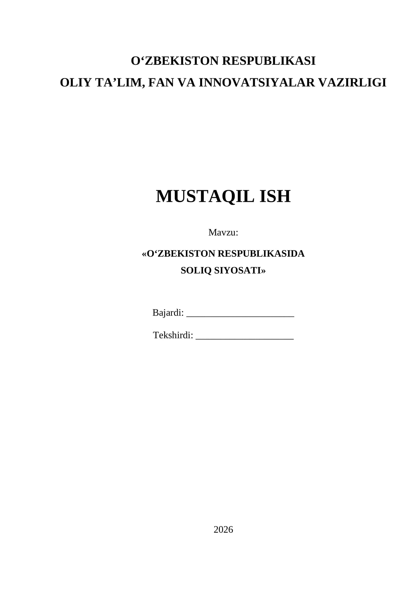 O‘ZBEKISTON RESPUBLIKASIDA SOLIQ SIYOSATI