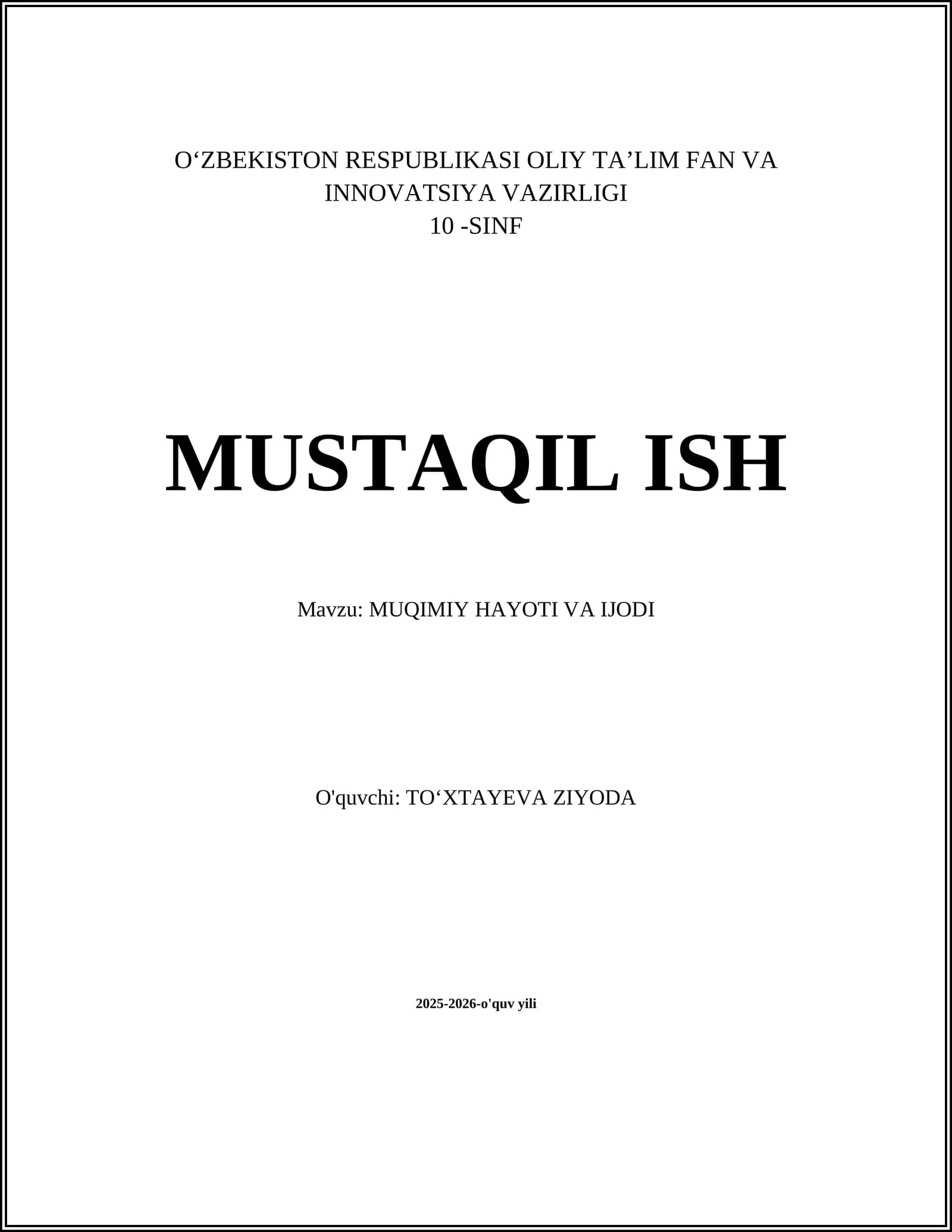 MUQIMIY HAYOTI VA IJODI