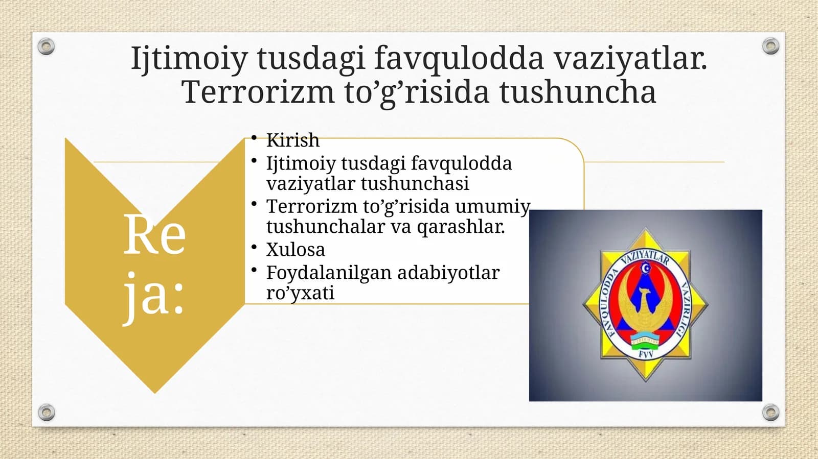 Ijtimoiy tusdagi favqulodda vaziyatlar. Tеrrorizm to’g’risida tushuncha