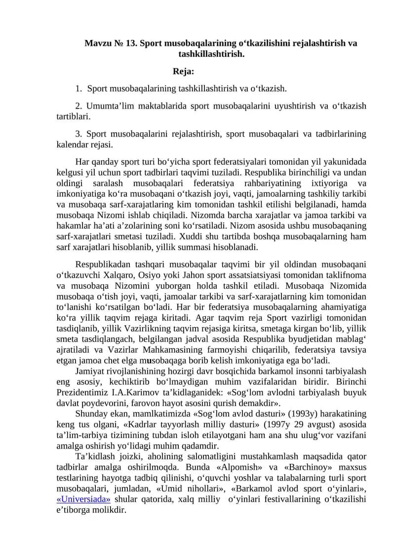 Sport musobaqalarining tashkillashtirish va o‘tkazilishi