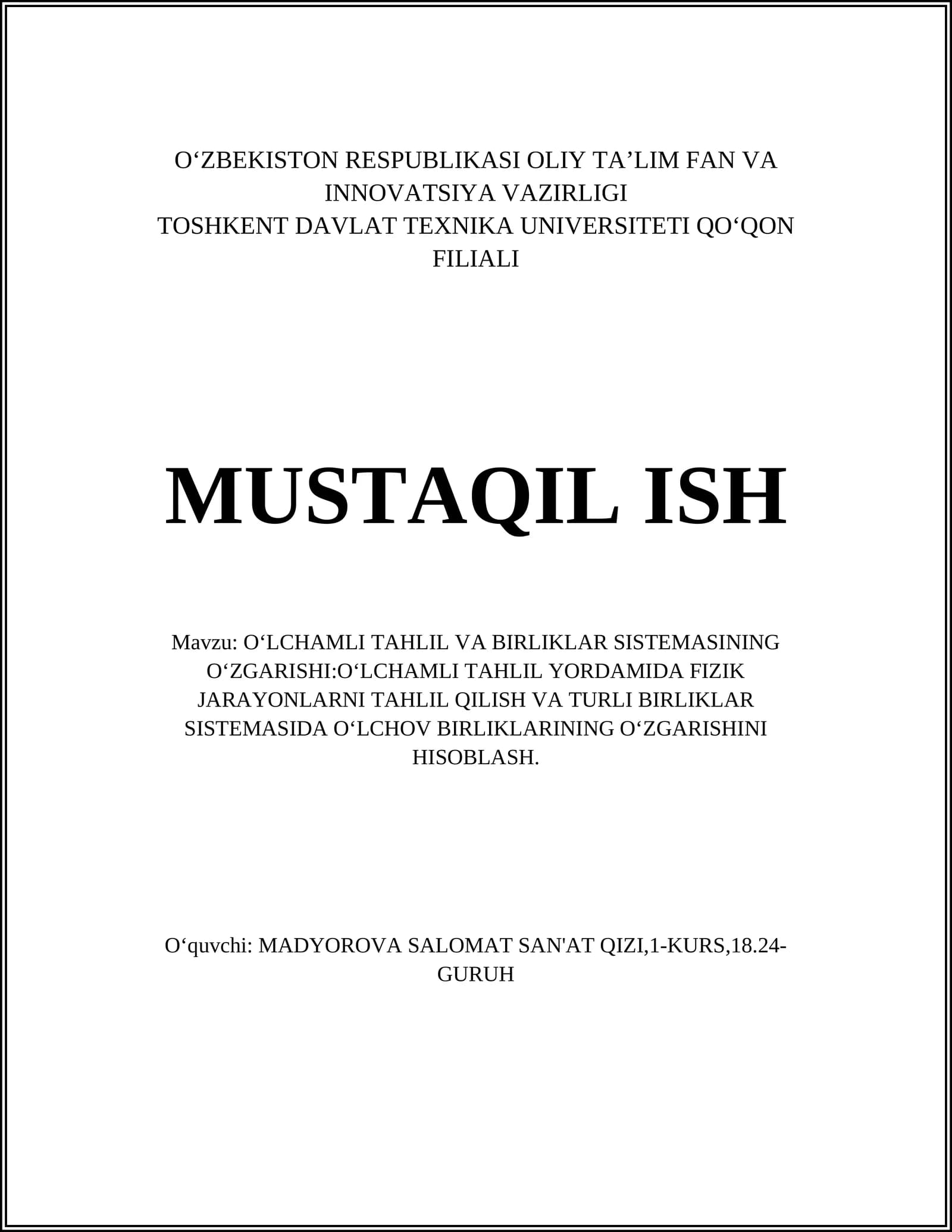 OʻLCHAMLI TAHLIL VA BIRLIKLAR SISTEMASINING OʻZGARISHI
