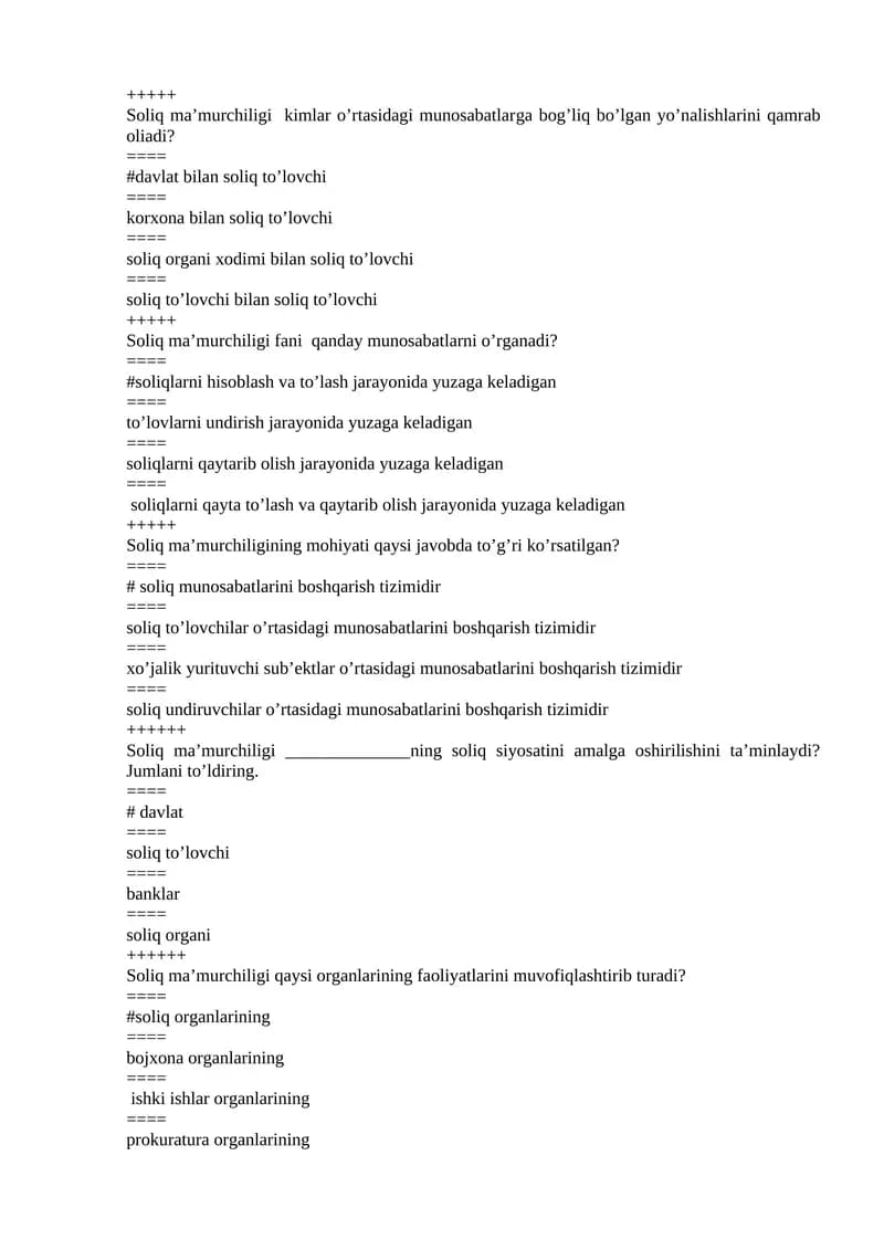 Soliq ma’murchiligi testlar