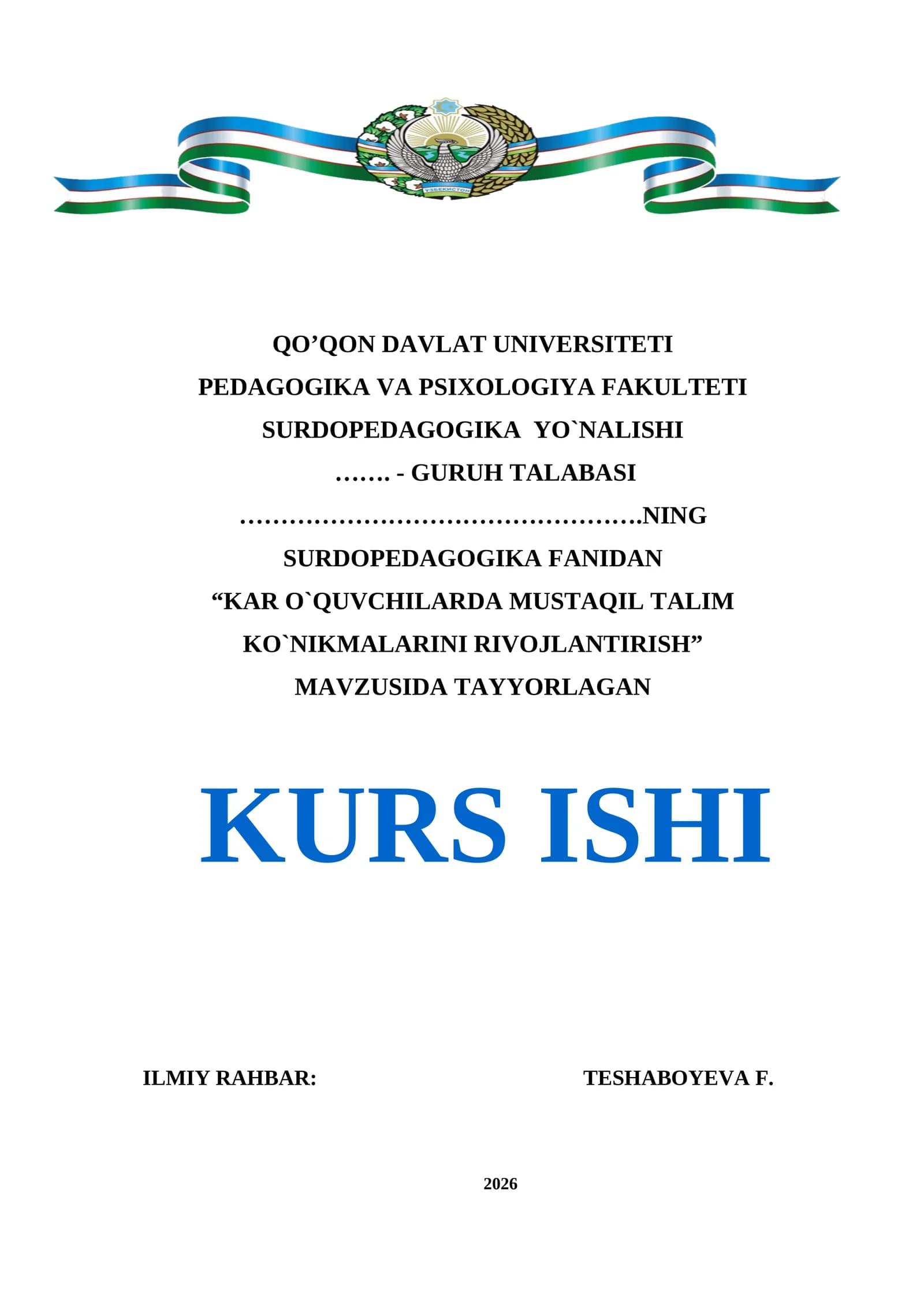 Kurs Ishi: Kar O`quvchilarda Mustaqil Talim Konikmalarini Rivojlantirish