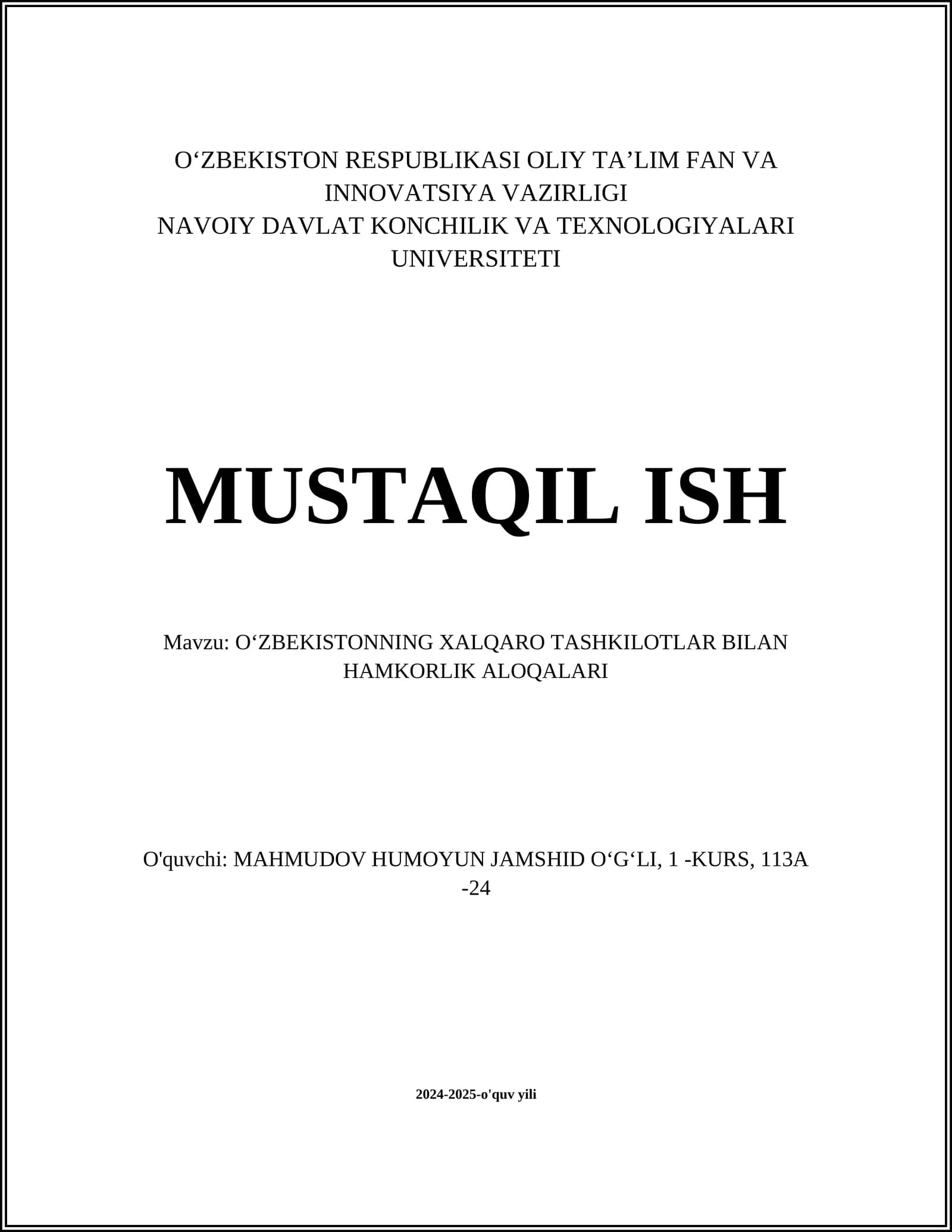 O'ZBEKISTONNING XALQARO TASHKILOTLAR BILAN HAMKORLIK ALOQALARI