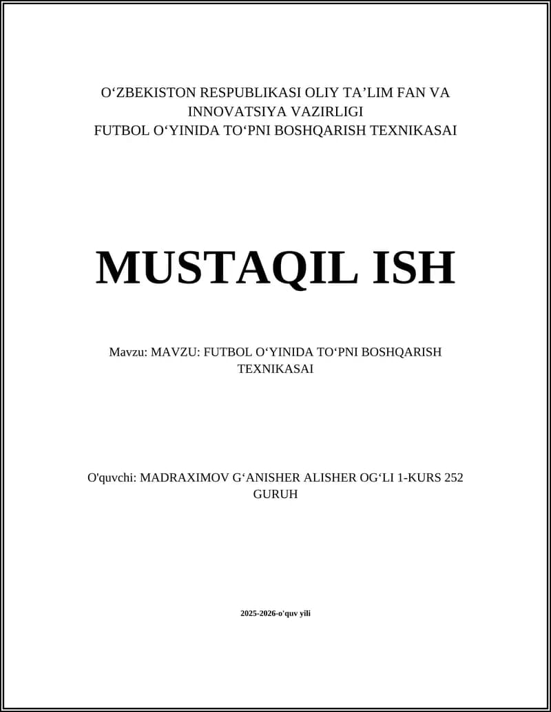FUTBOL OʻYINIDA TOʻPNI BOSHQARISH TEXNIKASAI