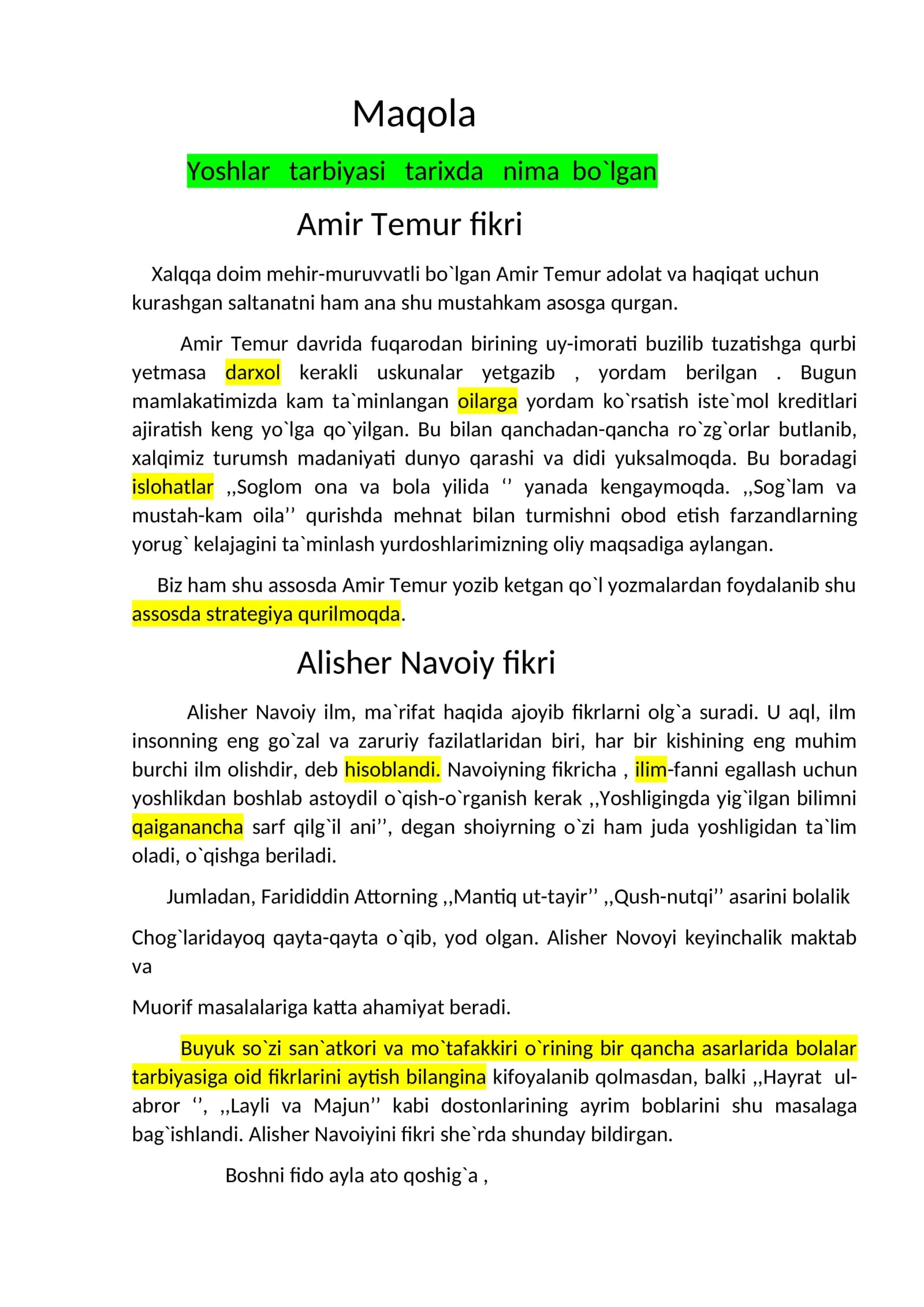 Yoshlar tarbiyasi tarixda nima bo`lgan
