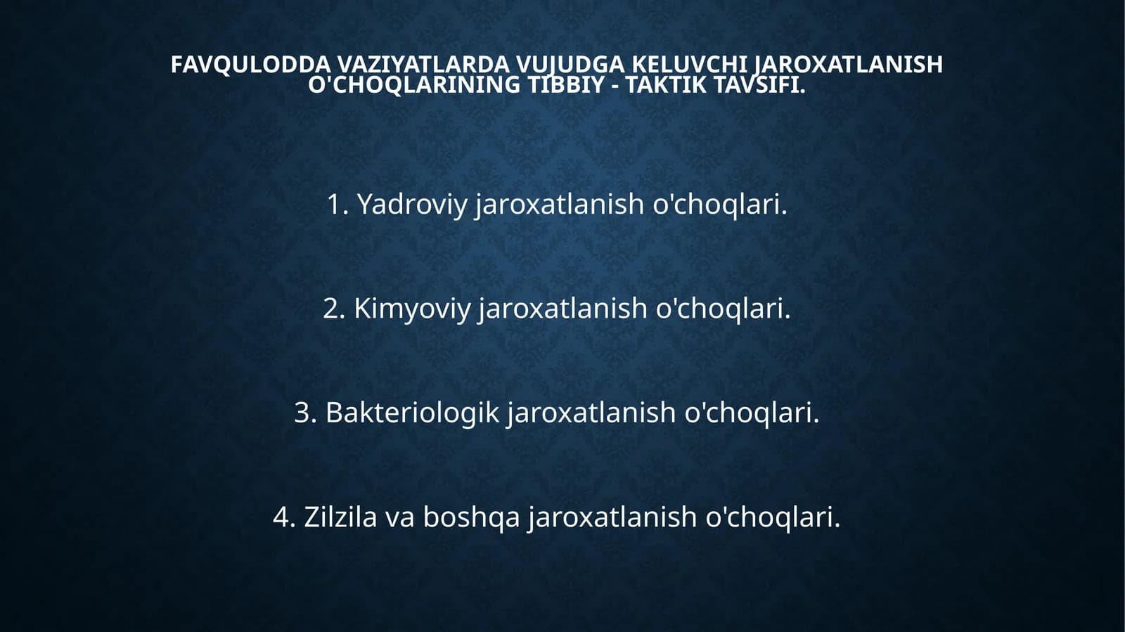 Favquloddavaziyatlardavujudgakeluvchijaroxatlanisho'choqlariningtibbiy-taktiktavsifi
