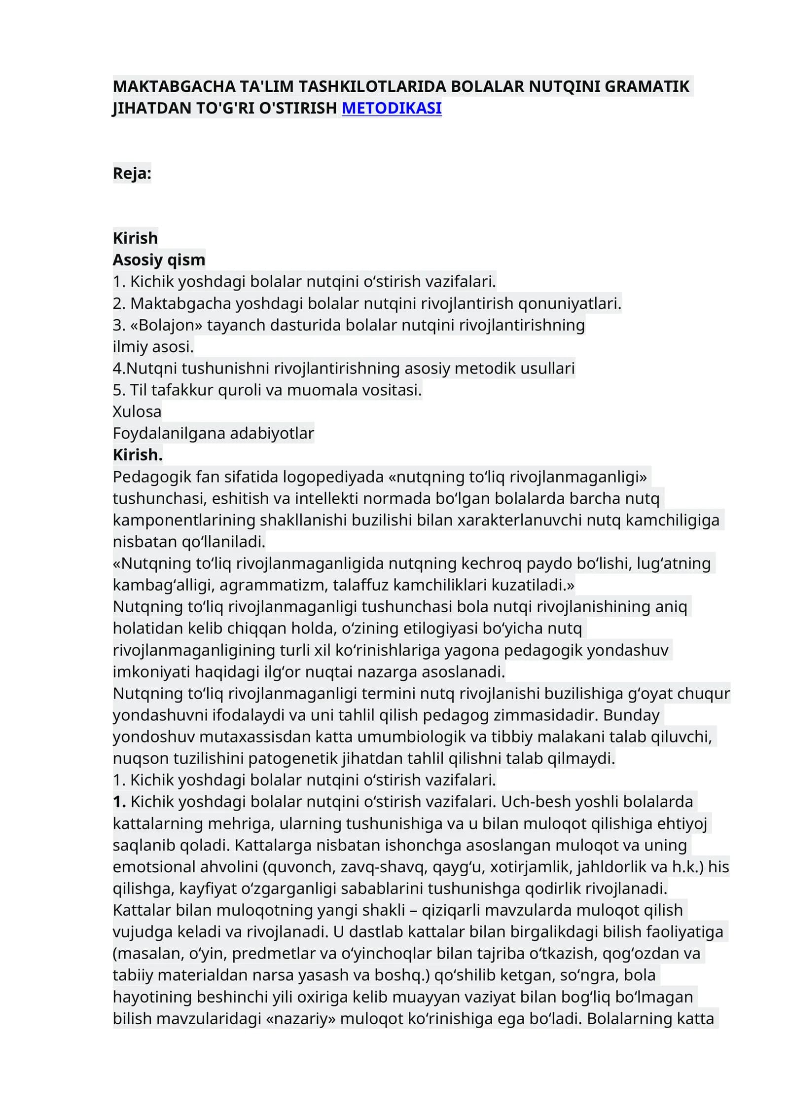 BOLALAR NUTQINI GRAMATIK JIHATDAN TO'G'RI O'STIRISH METODIKASI