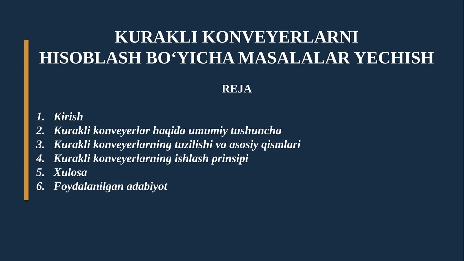 KURAKLI KONVEYERLARNI HISOBLASH BO'YICHA MASALALAR YECHISH