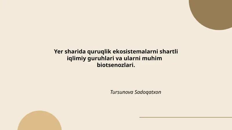 Yer sharida quruqlik ekosistemalarni shartli iqlimiy guruhlari va ularni muhim biotsenozlari