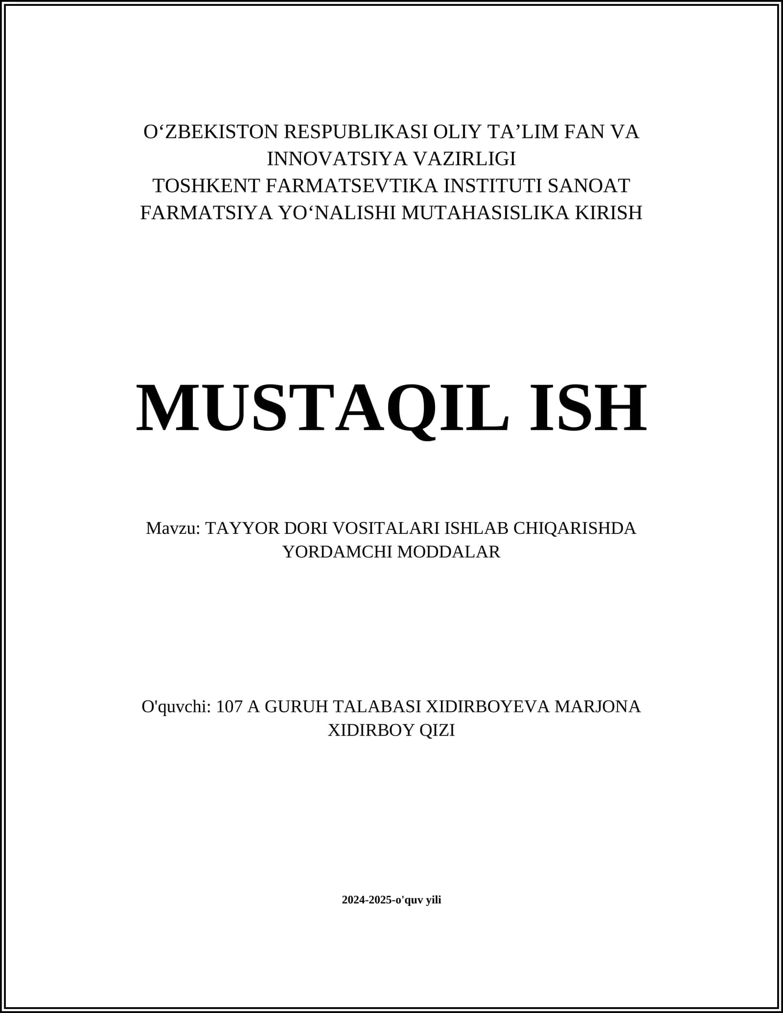 TAYYOR DORI VOSITALARI ISHLAB CHIQARISHDA YORDAMCHI MODDALAR