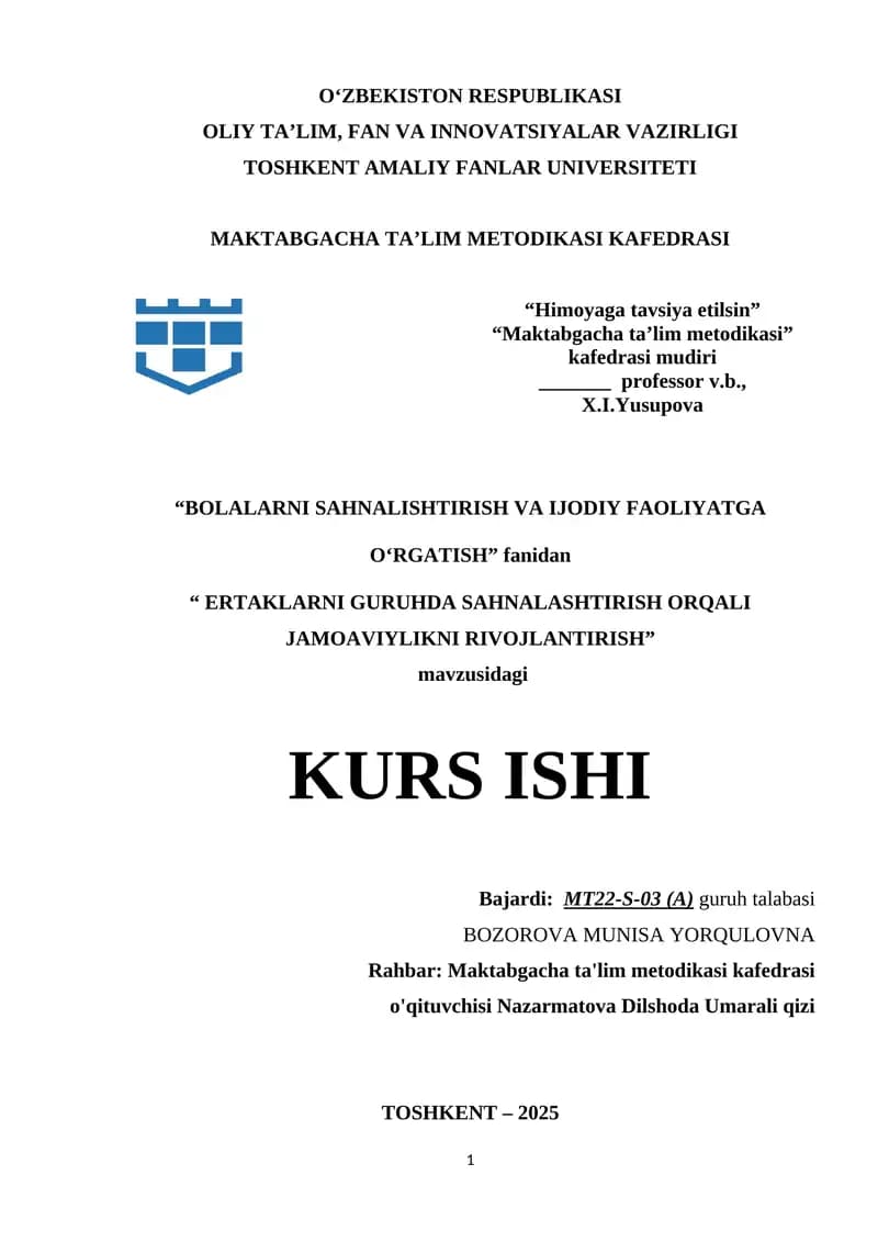 ERTAKLARNI GURUHDA SAHNALASHTIRISH ORQALI JAMOAVIYLIKNI RIVOJLANTIRISH