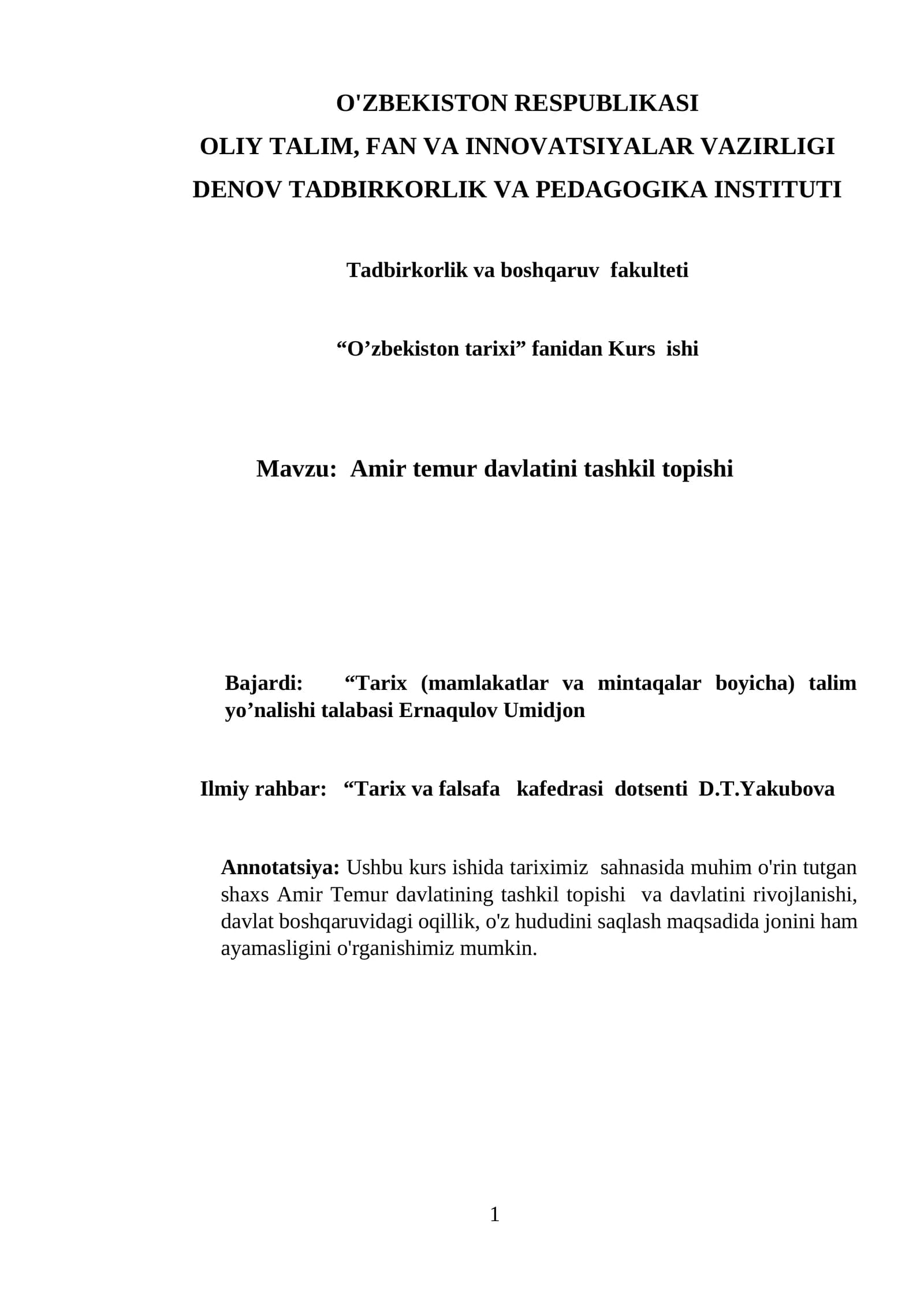 Amir temur davlatini tashkil topishi
