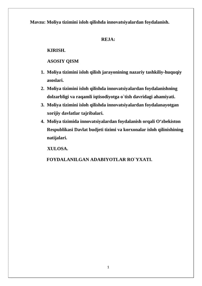 Moliya tizimini isloh qilishda innovatsiyalardan foydalanish
