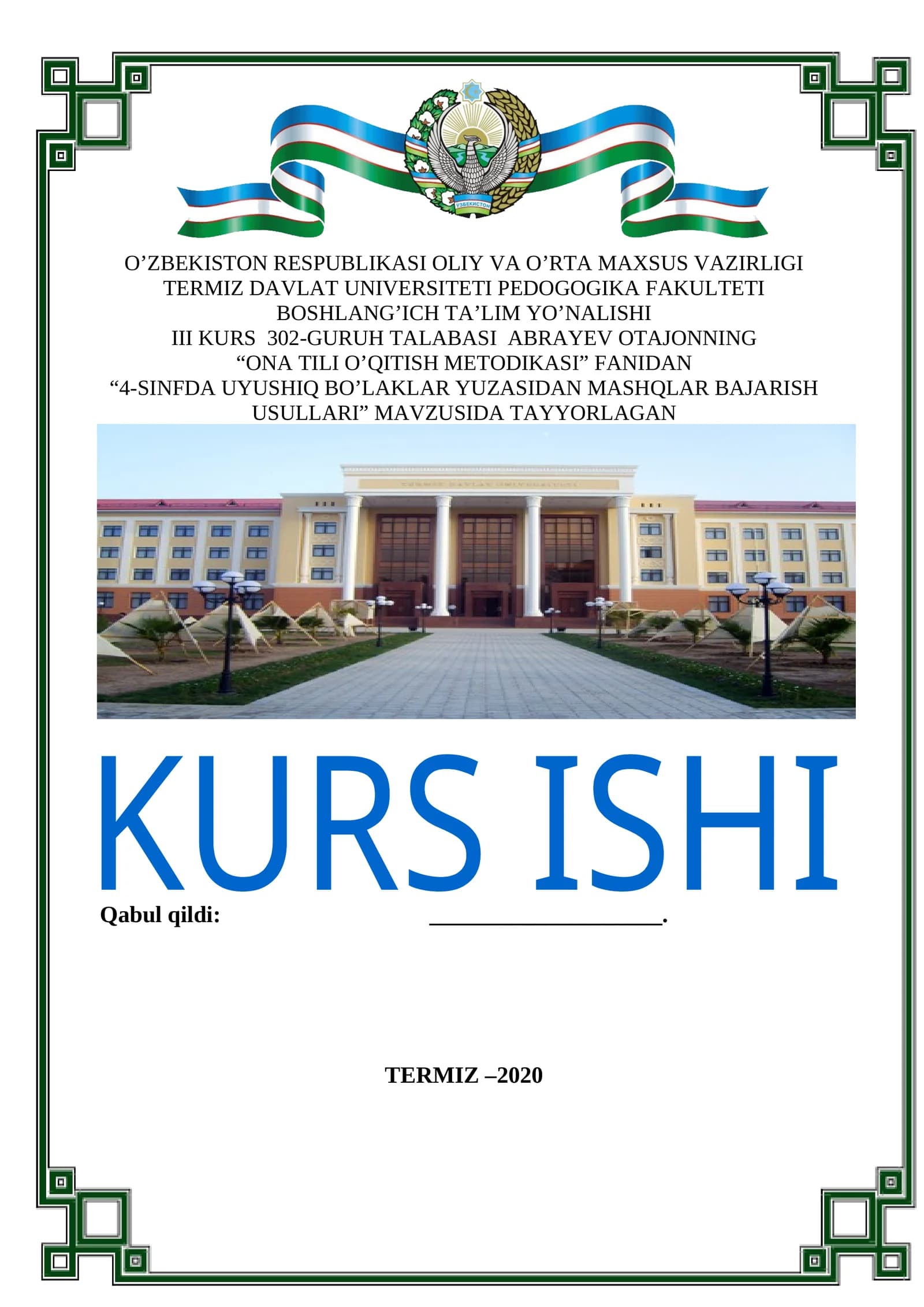 4-SINFDA UYUSHIQ BO’LAKLAR YUZASIDAN MASHQLAR BAJARISH USULLARI