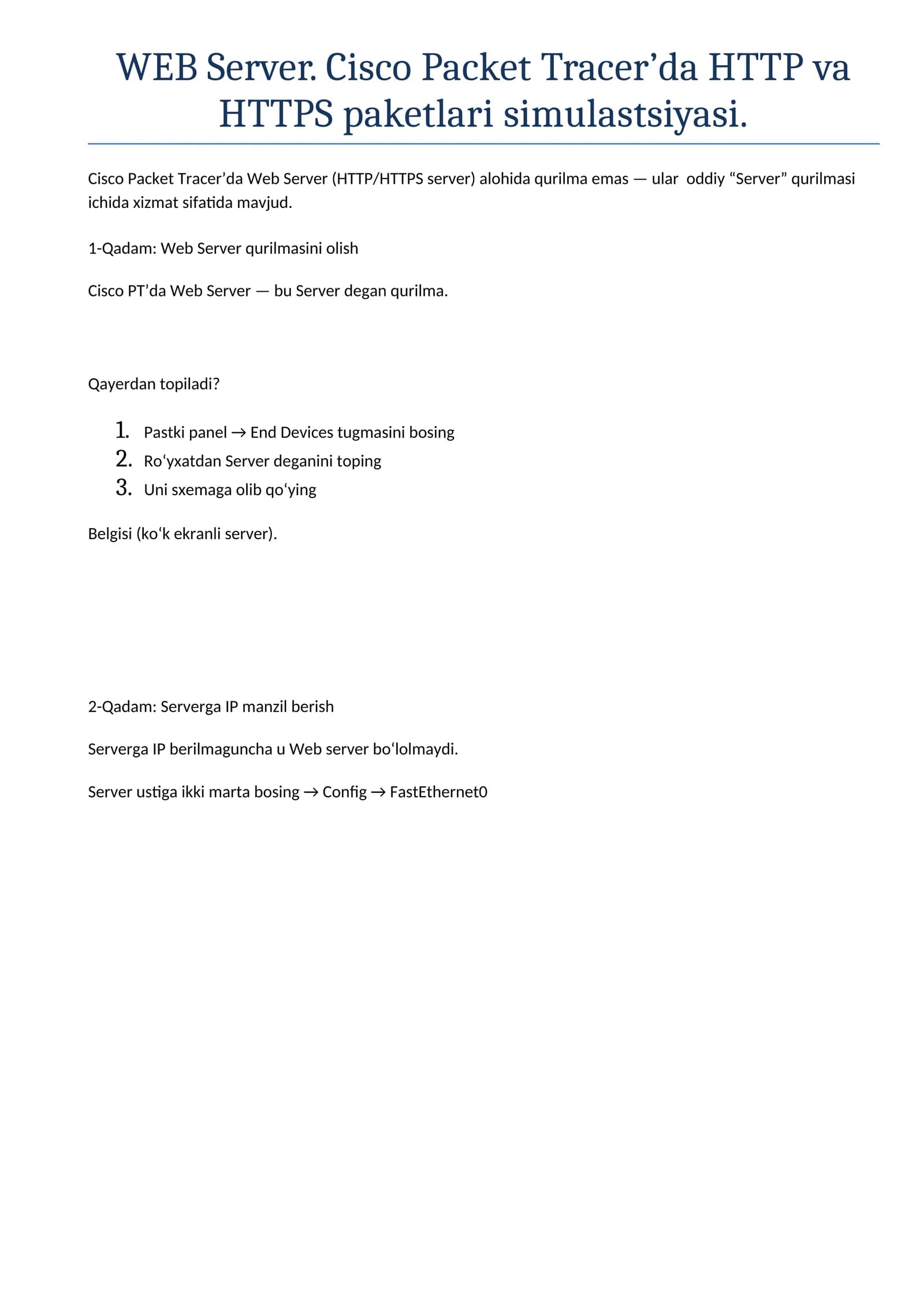 WEB Server. Cisco Packet Tracer’da HTTP va HTTPS paketlari simulastsiyasi