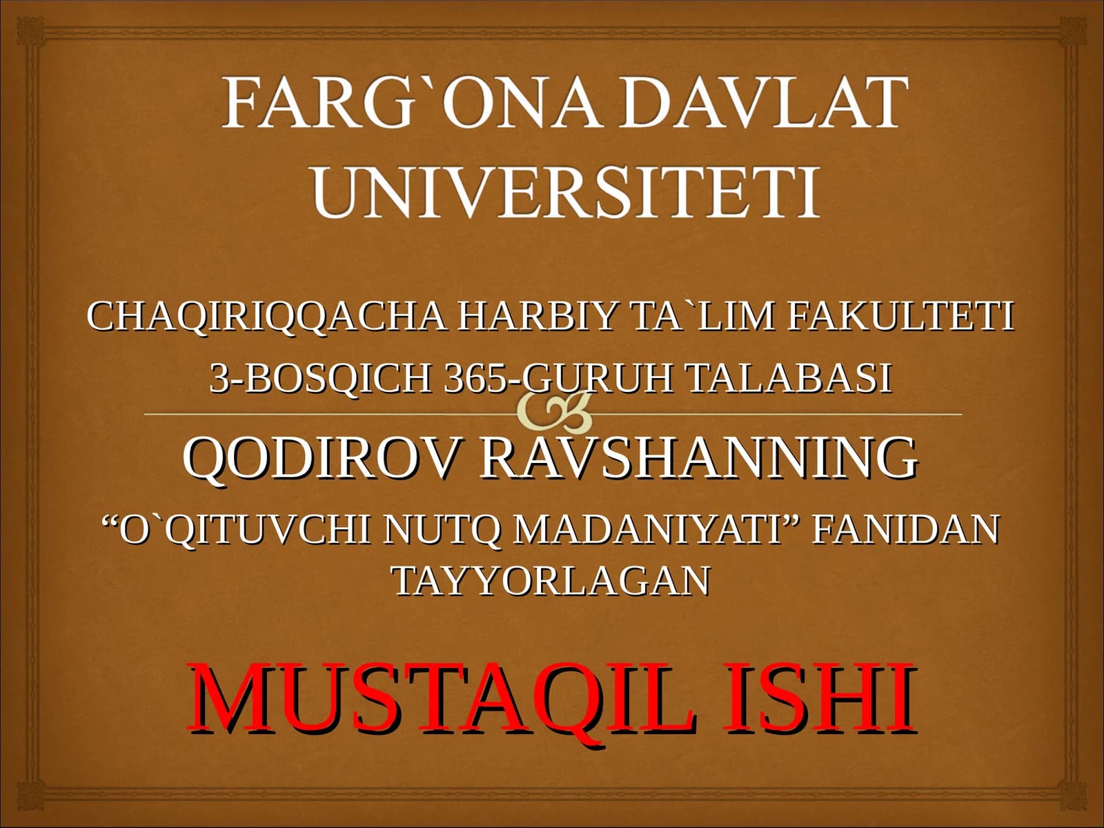 O`qituvchi nutq madaniyati fanidan tayyorlagan mustaqil ishi
